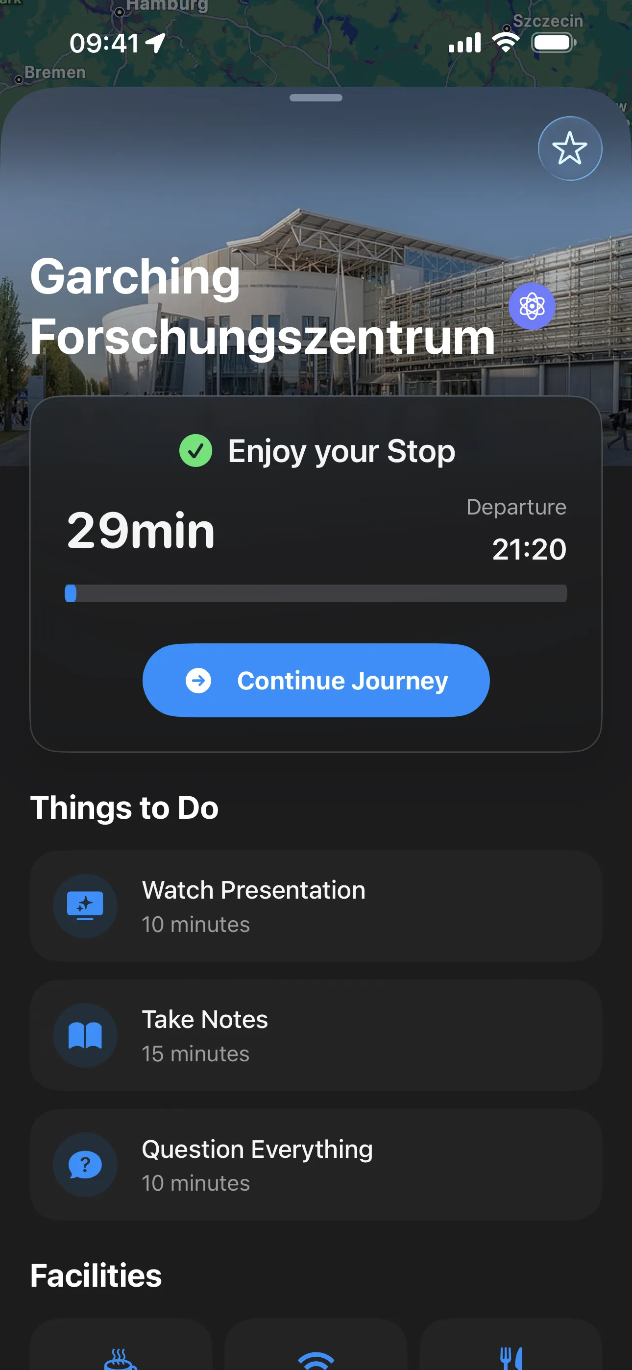 sideQuest at-stop view with a 29-minute countdown timer and Continue Journey button