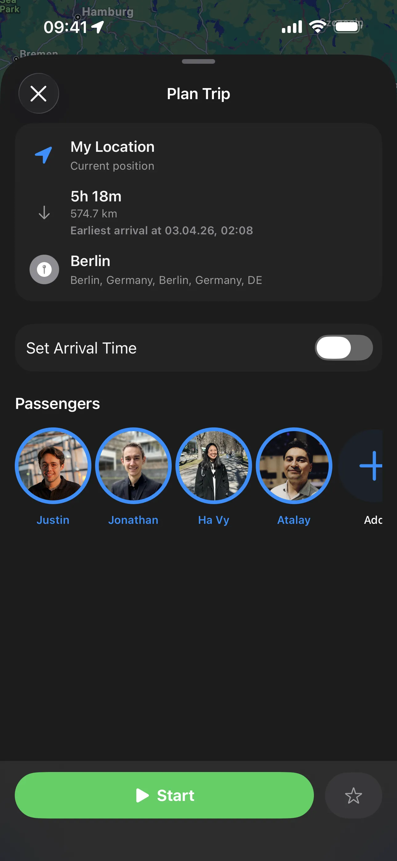 sideQuest Plan Trip screen showing a route from Munich to Berlin with four passengers