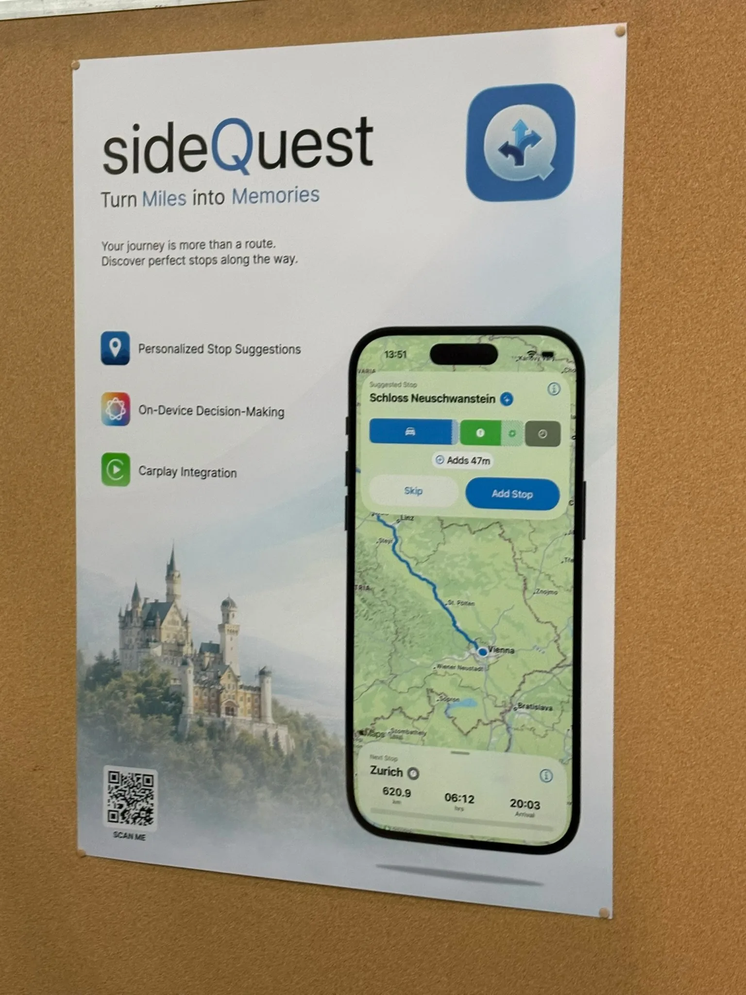 sideQuest promotional poster on a corkboard showing the app UI with a route to Neuschwanstein
