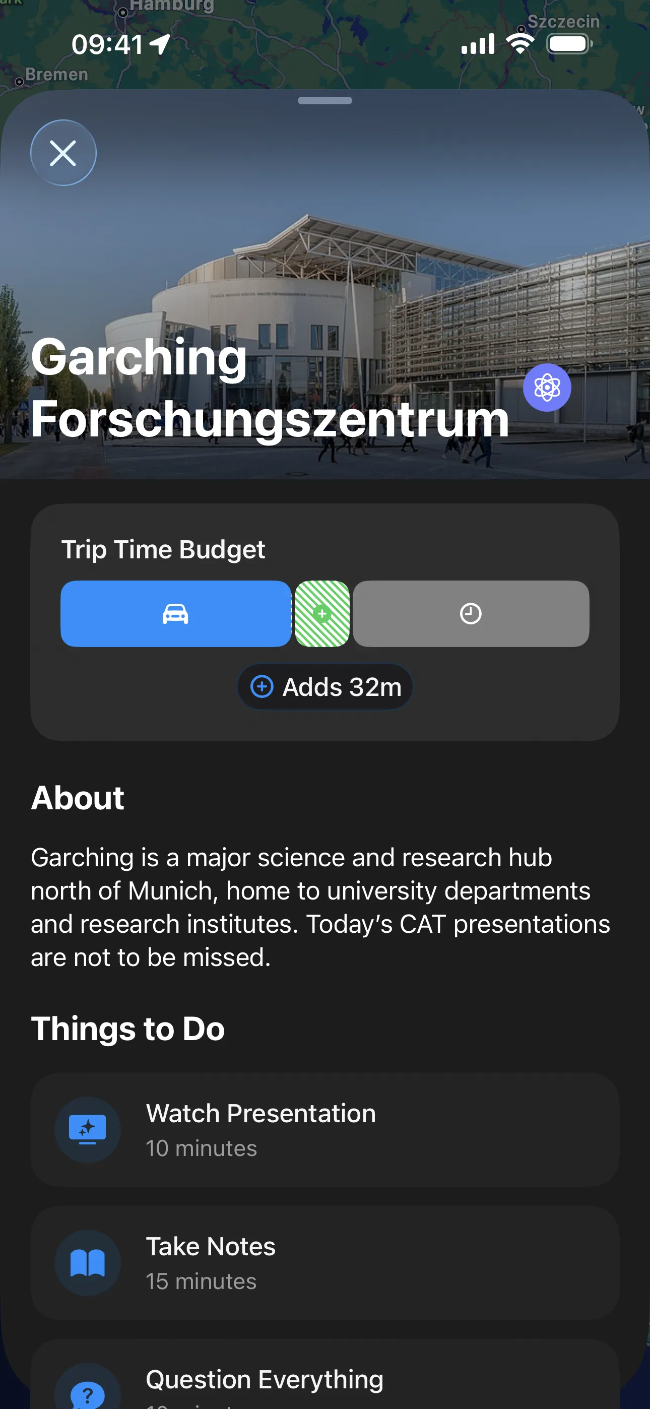 sideQuest stop detail showing Watch Presentation, Take Notes, Question Everything as activities