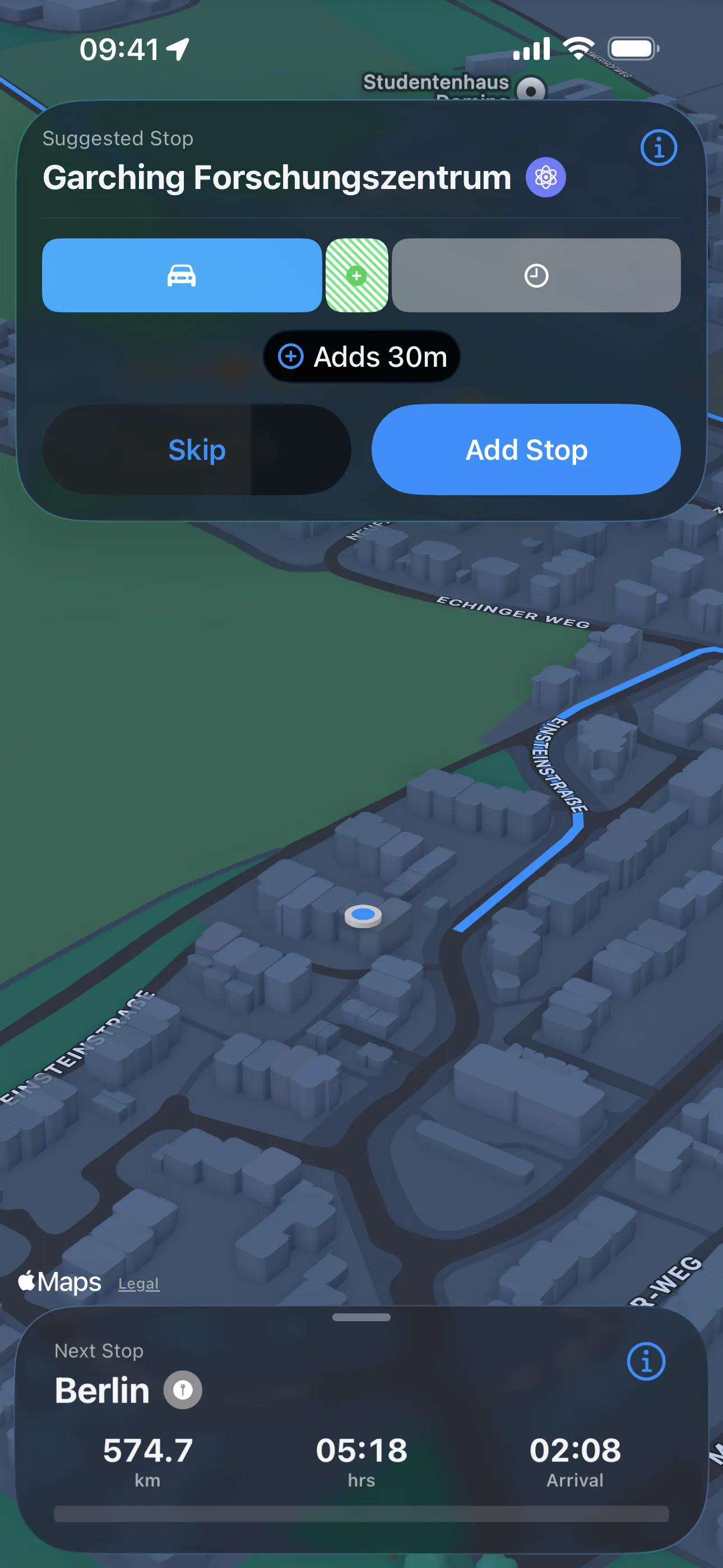sideQuest suggesting Garching Forschungszentrum as a stop with Add Stop and Skip buttons