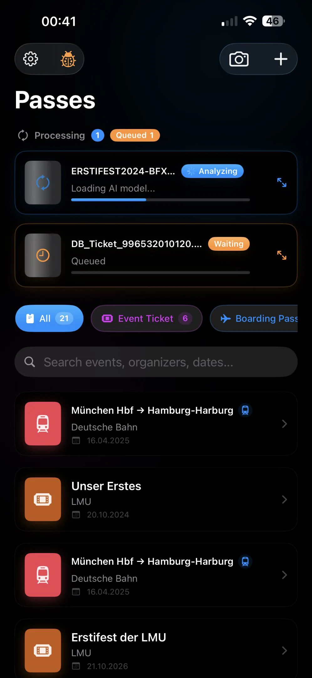 Screenshot der allerersten NeatPass-Version: eine Pass-Liste mit Tickets in der Verarbeitung, eines wird gerade analysiert, ein weiteres wartet in der Warteschlange.