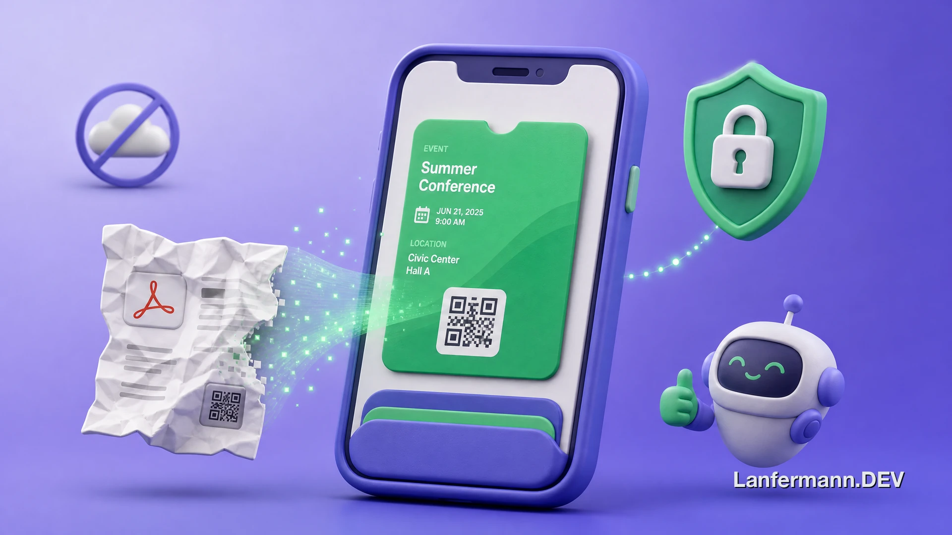 A PDF ticket turning into an Apple Wallet pass on an iPhone, entirely on device