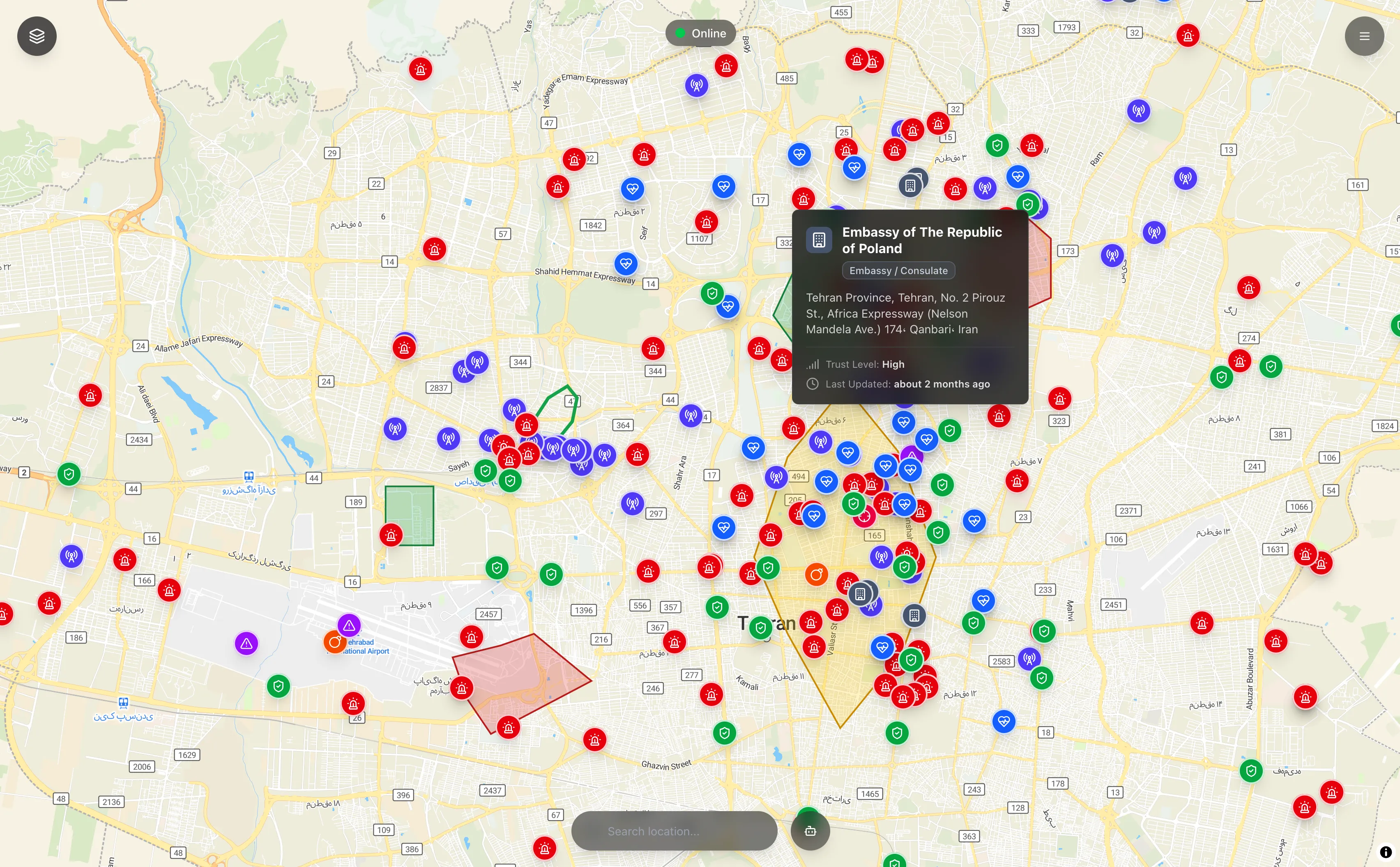 Screenshot of EuroMesh web interface: Tehran crisis map with color-coded landmarks and a popup for the Embassy of the Republic of Poland.
