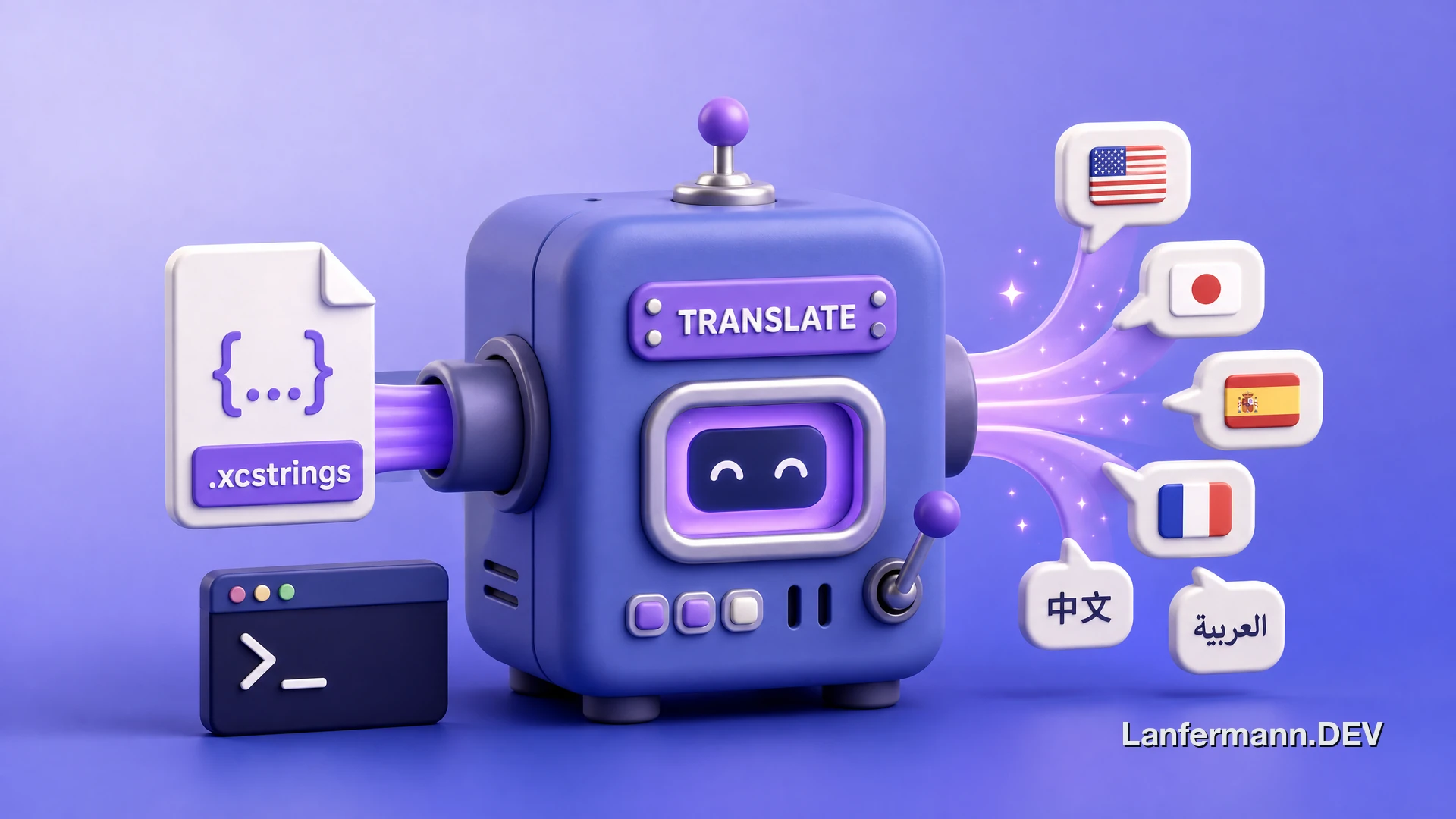 Terminal translating an Apple .xcstrings file into many languages at once