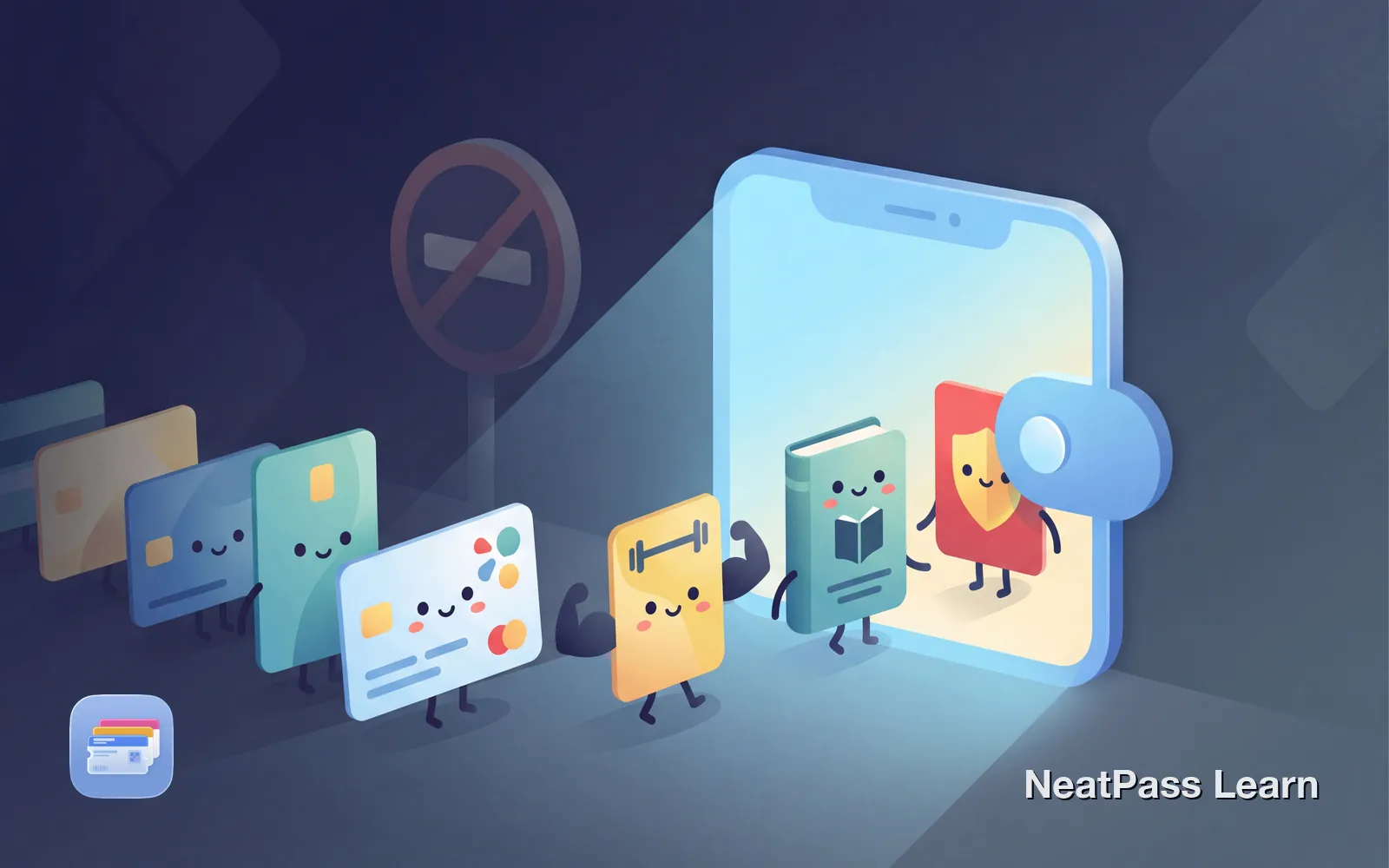 A friendly card character walking through an open door into Apple Wallet while other cards wait outside