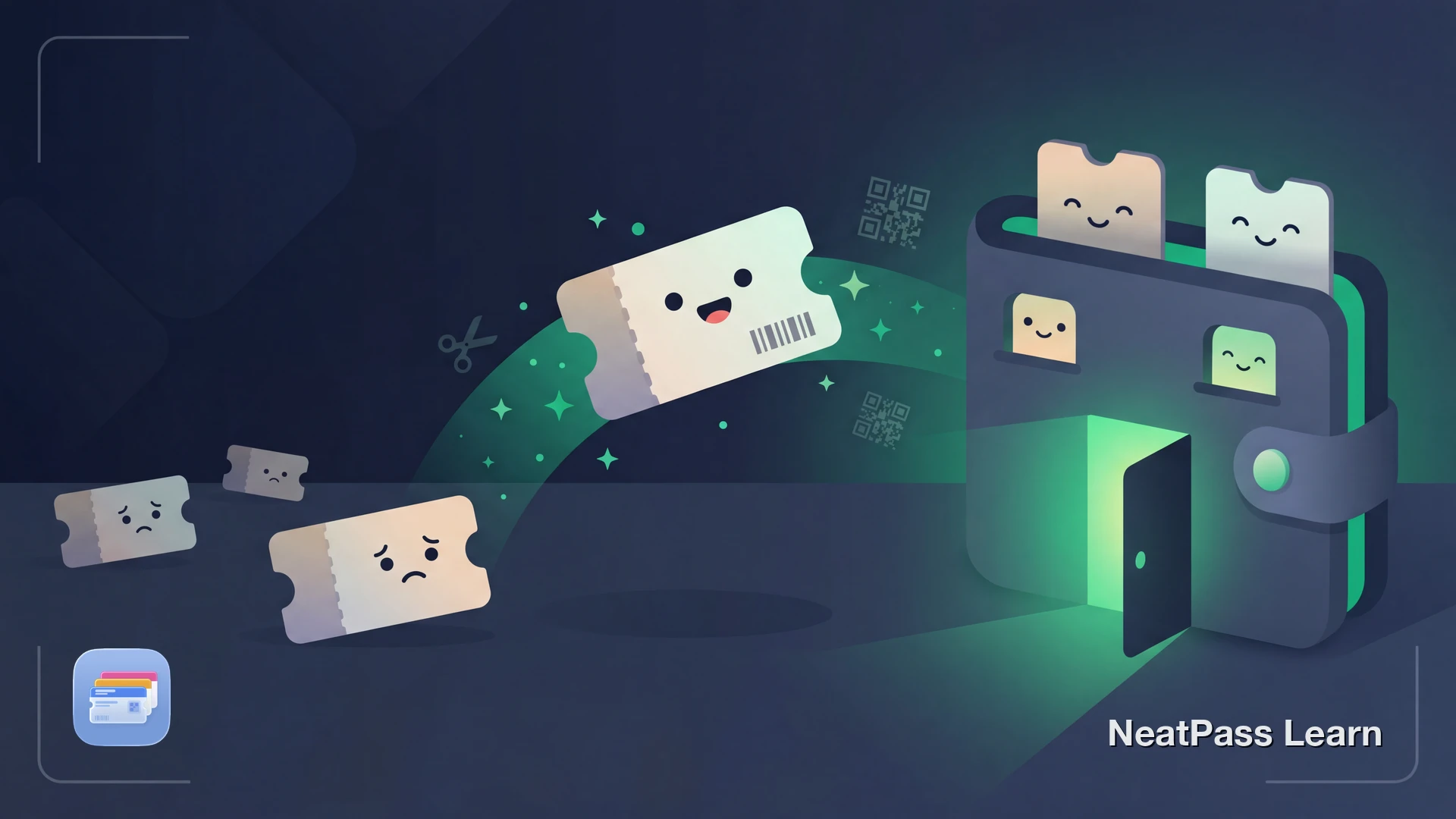 Cheerful coupon card with cute face floating toward a welcoming Apple Wallet with emerald glow and sparkles