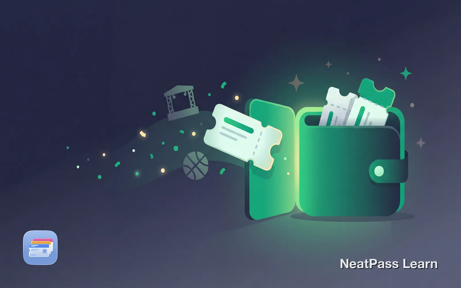 Event tickets flying into a glowing green wallet with concert stage and basketball in the background
