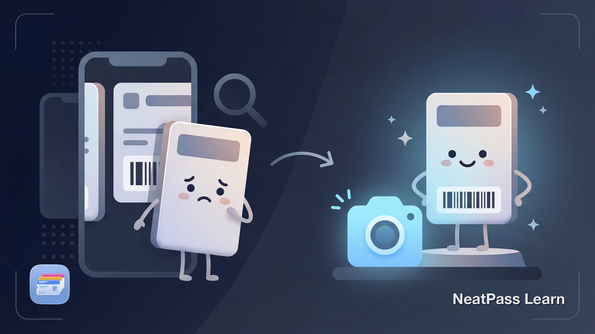 A friendly wallet pass with a cute face being hidden behind a magnifying glass effect, with a settings gear revealing the fix