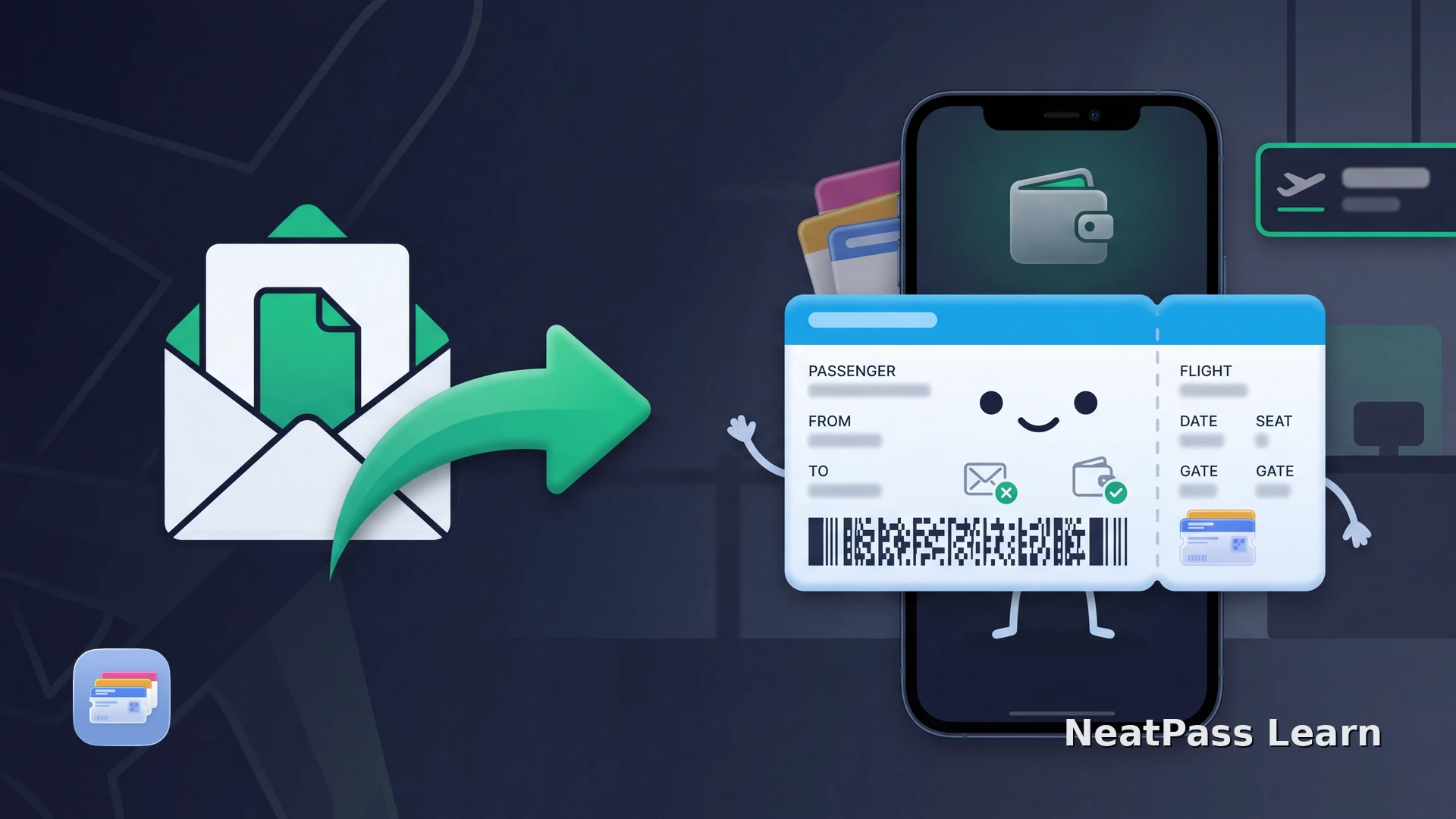 An official app boarding pass moving into a phone wallet while a crossed-out screenshot and email point toward a kiosk and paper pass fallback