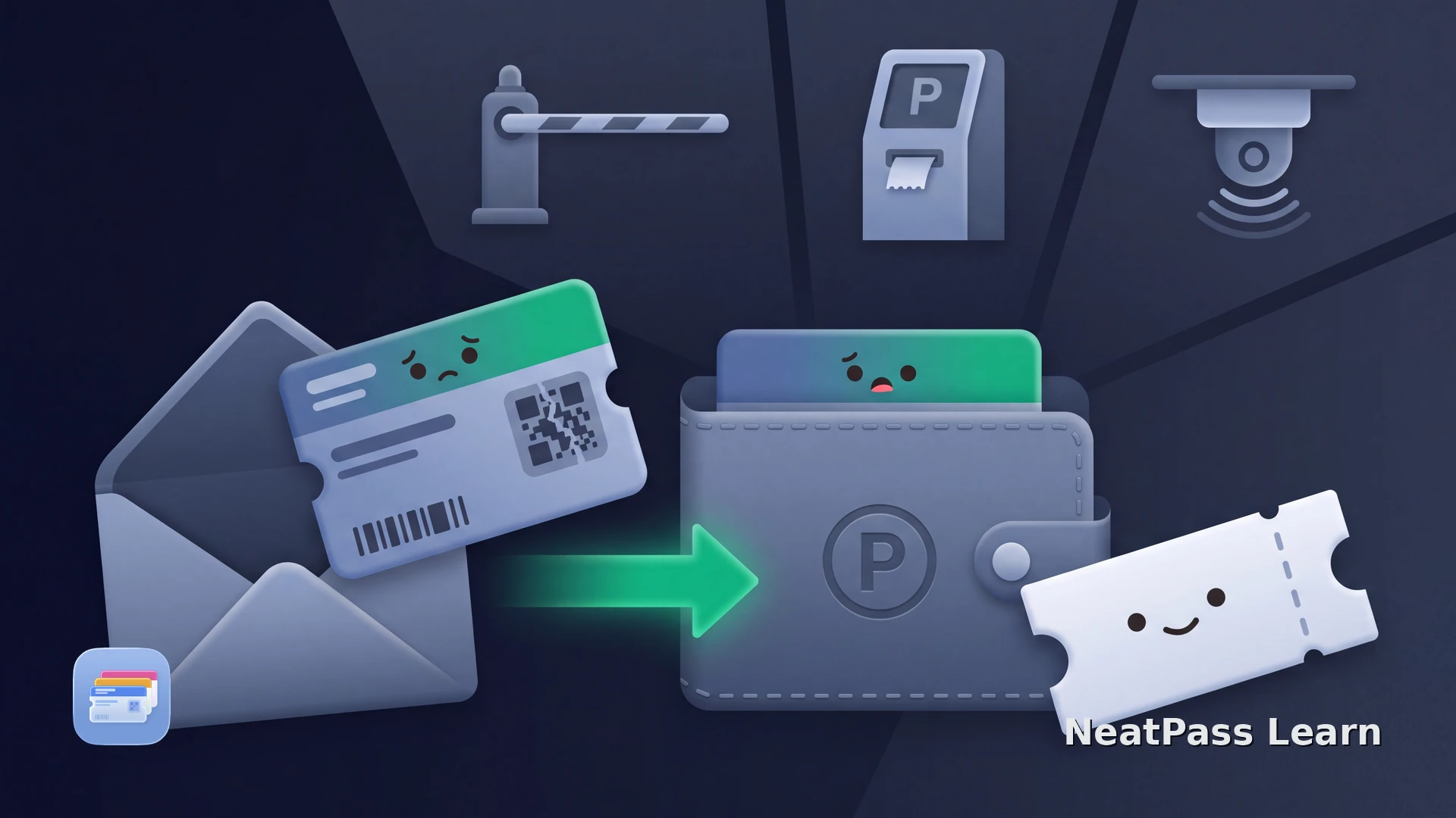 A worried parking ticket moves from an envelope into a wallet as a smiling ticket appears beside it
