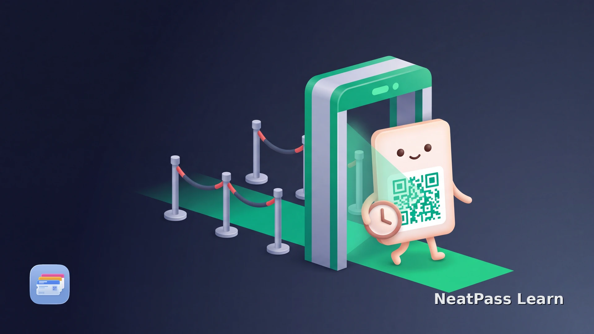 A smiling QR timeslot pass carries a clock through an open airport security lane