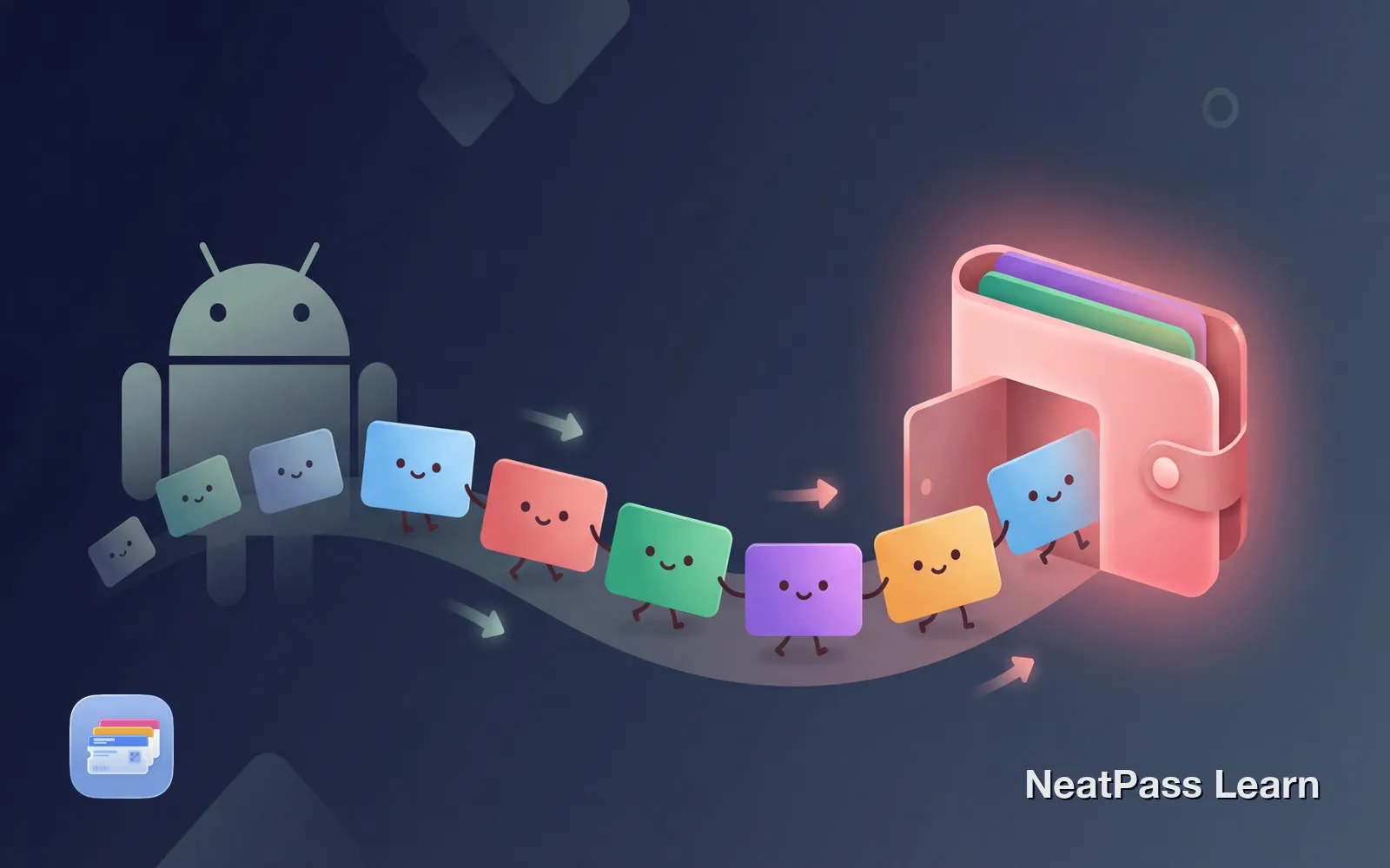 Friendly pass cards with cute faces migrating from an Android robot silhouette toward a welcoming Apple Wallet home