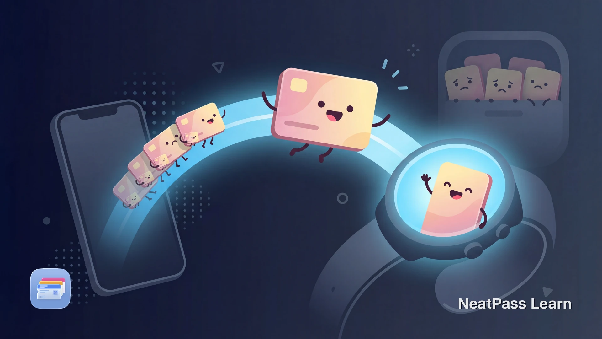 Friendly pass card with cute face floating from a stylized iPhone to a cozy Apple Watch with sky blue glow