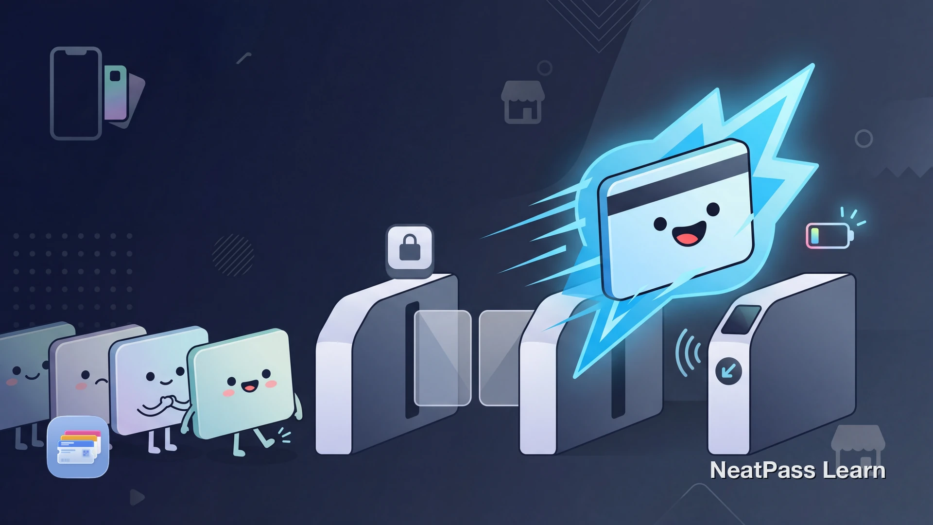 Friendly pass card with a lightning bolt tapping through a transit gate while other cards wait behind a Face ID lock, with a glowing NFC wave