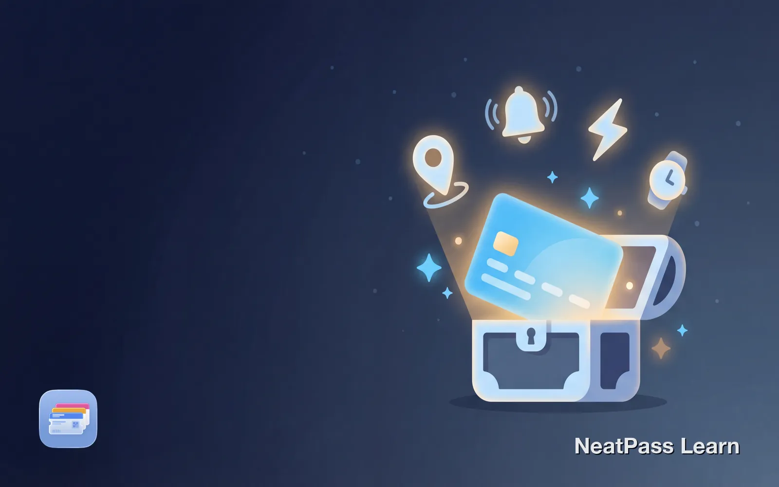 Treasure chest opening with glowing pass card and feature icons floating up including notification bell, location pin, and watch