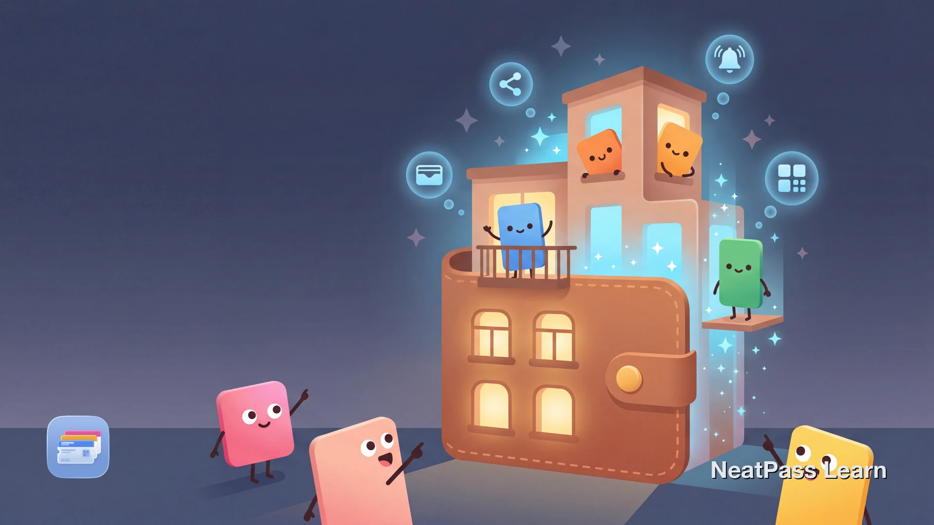 Cheerful pass cards with kawaii faces exploring a glowing upgraded wallet building with new rooms and features floating upward