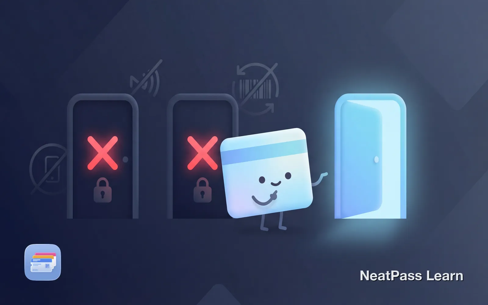 Friendly pass card with curious expression looking at locked doors and crossed-out icons, one open door glowing with solutions