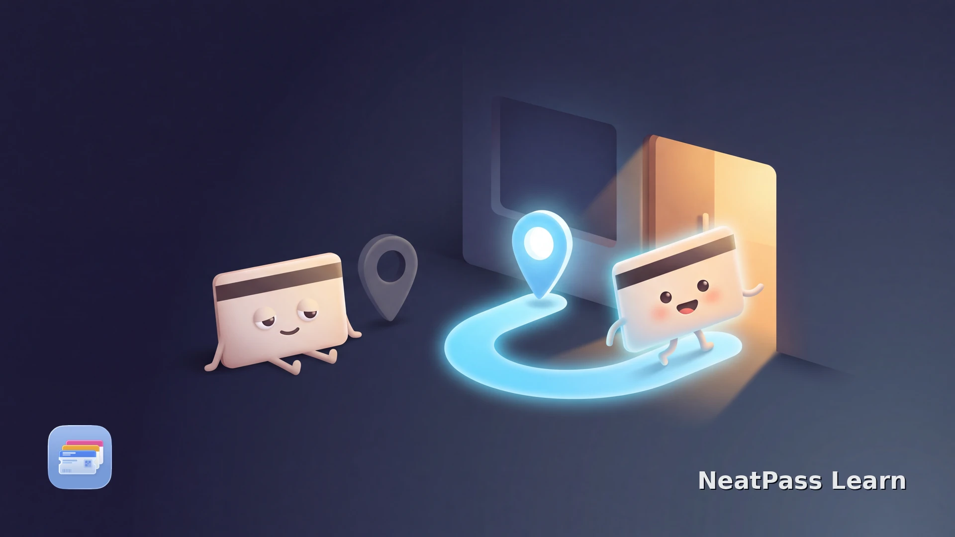 A sleepy pass wakes as a location pin lights a path toward a nearby venue