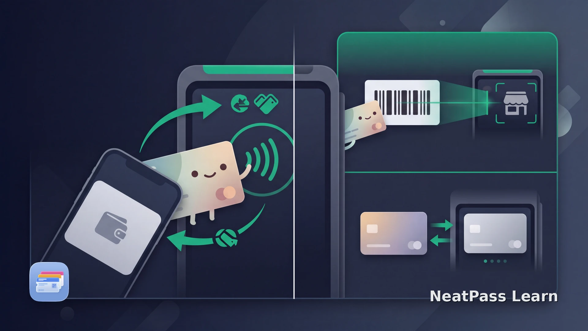 An Apple Wallet loyalty pass and payment card approaching a compatible contactless checkout reader together