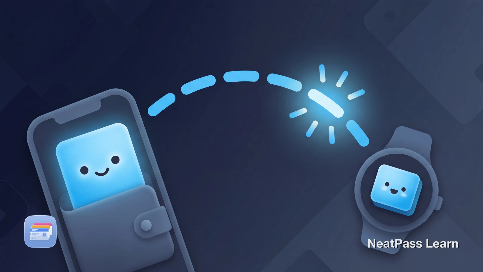 A happy pass card inside a wallet-phone and a smaller pass card on a smartwatch reconnecting across a glowing sky-blue sync arc