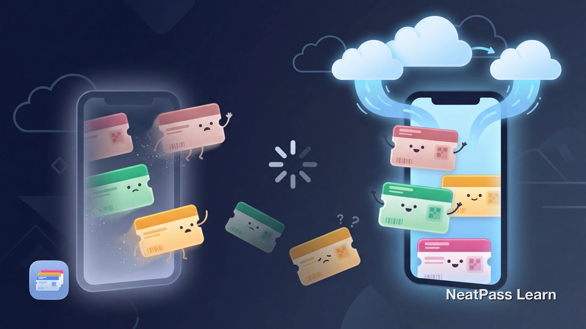 Friendly pass cards with worried faces scattered outside a freshly reset phone, with a protective cloud bridge leading them back to safety