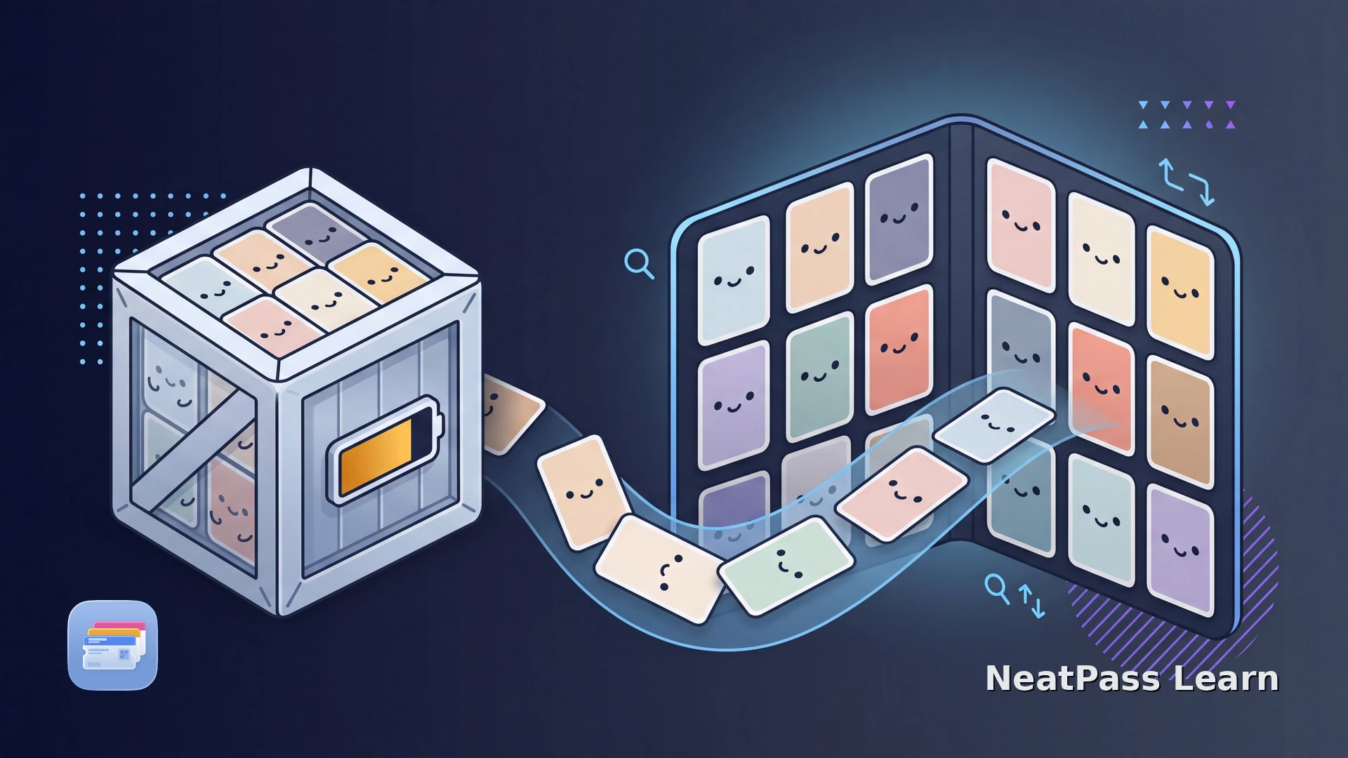 Friendly pass cards with cute faces arranged in a searchable wallet stack beside a separate downloadable bundle marked with size and count limits