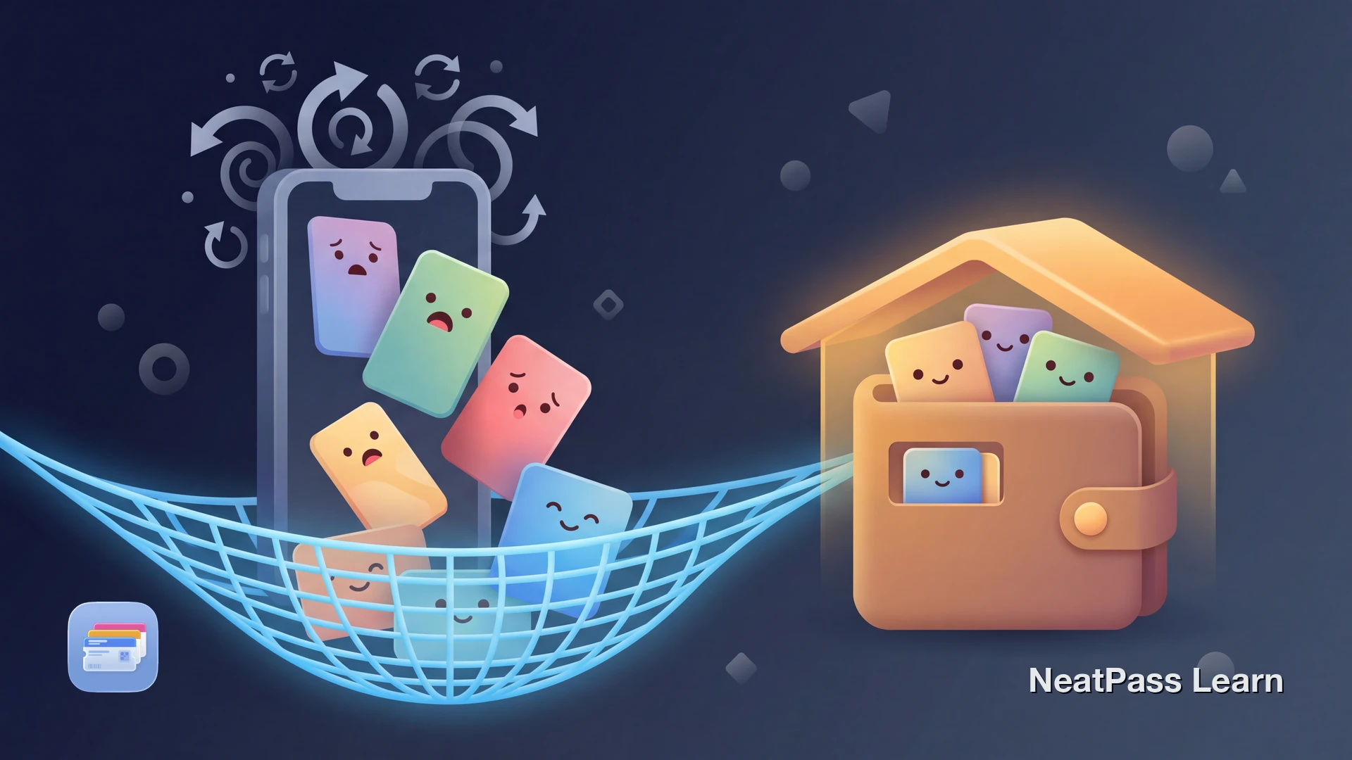 Worried pass cards with cute faces falling from a phone screen during a software update, with a safety net catching them below