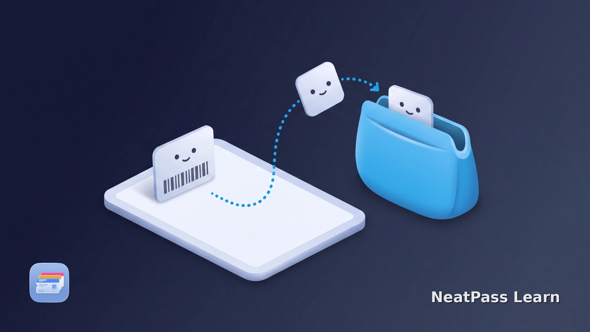 A pass leaves a blank tablet-like source and follows a path to a portable wallet pouch