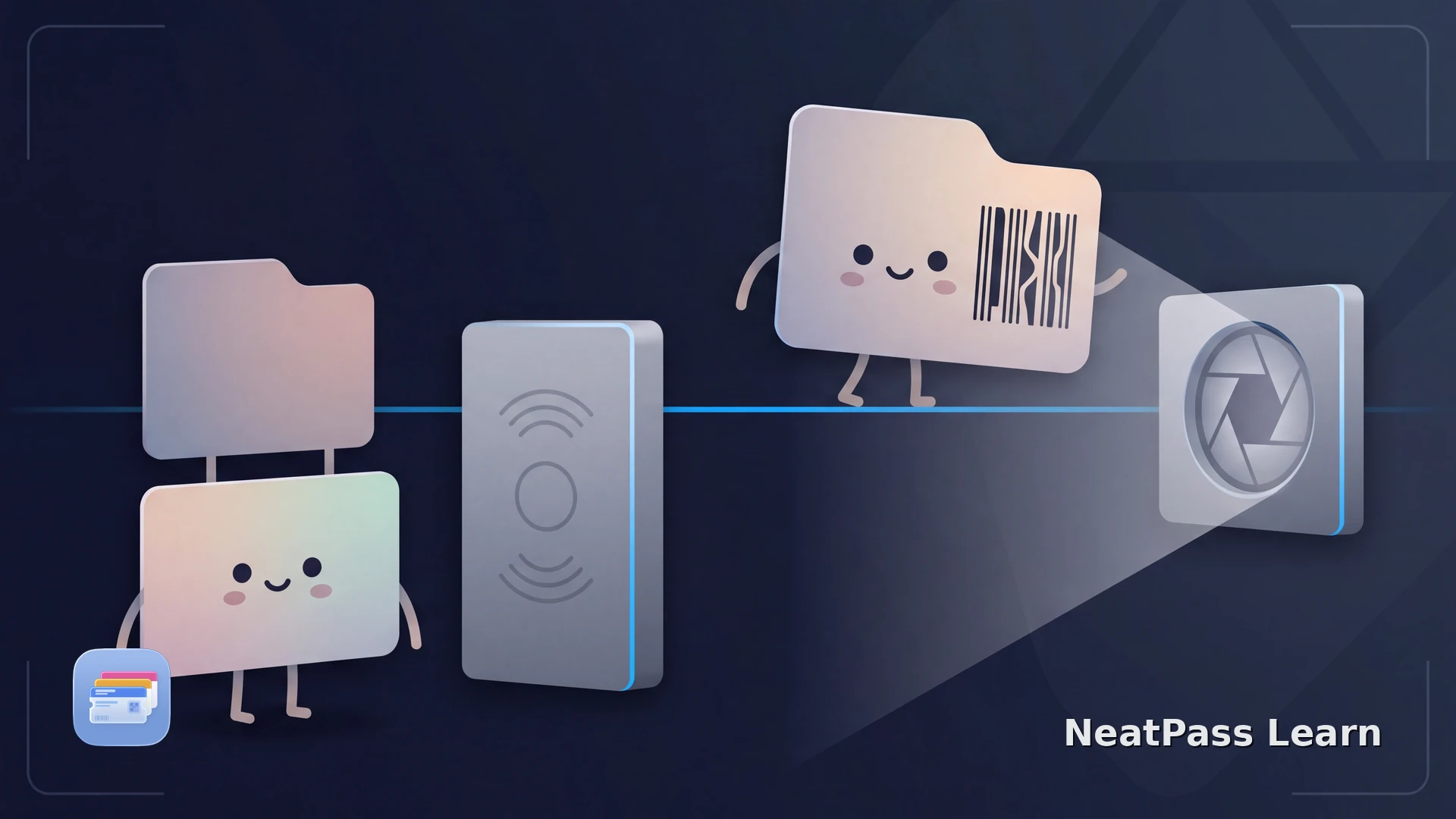 A barcode pass faces an optical scanner while a plain card waits beside a proximity reader