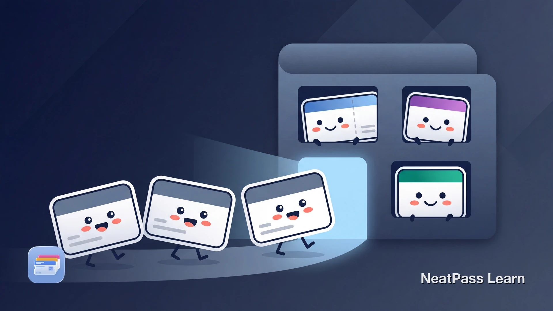 Friendly ticket and pass cards moving into a glowing Apple Wallet, showing a complete guide to organizing passes and tickets