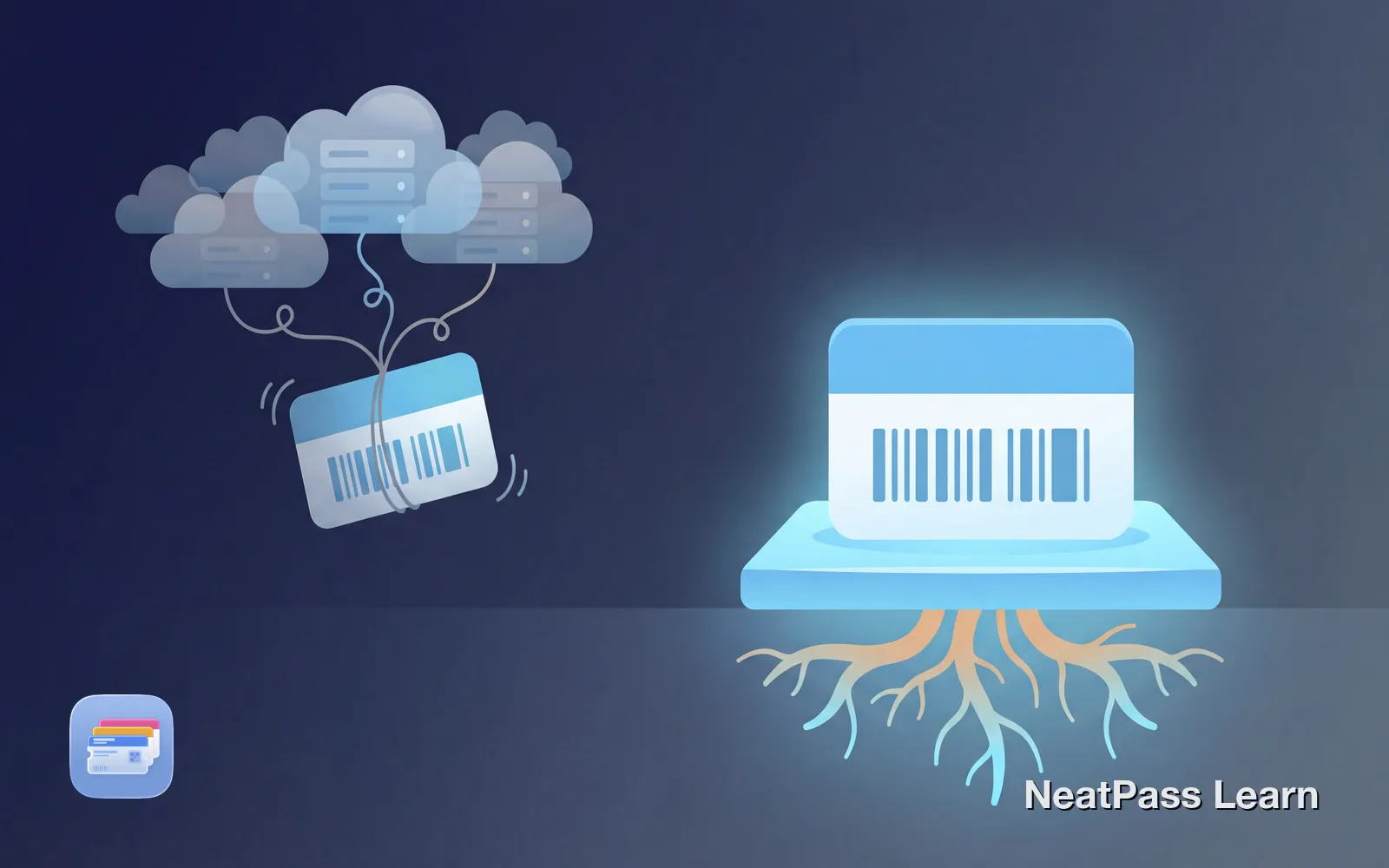 Card dangling from cloud servers on the left contrasted with a card planted firmly with roots on the right