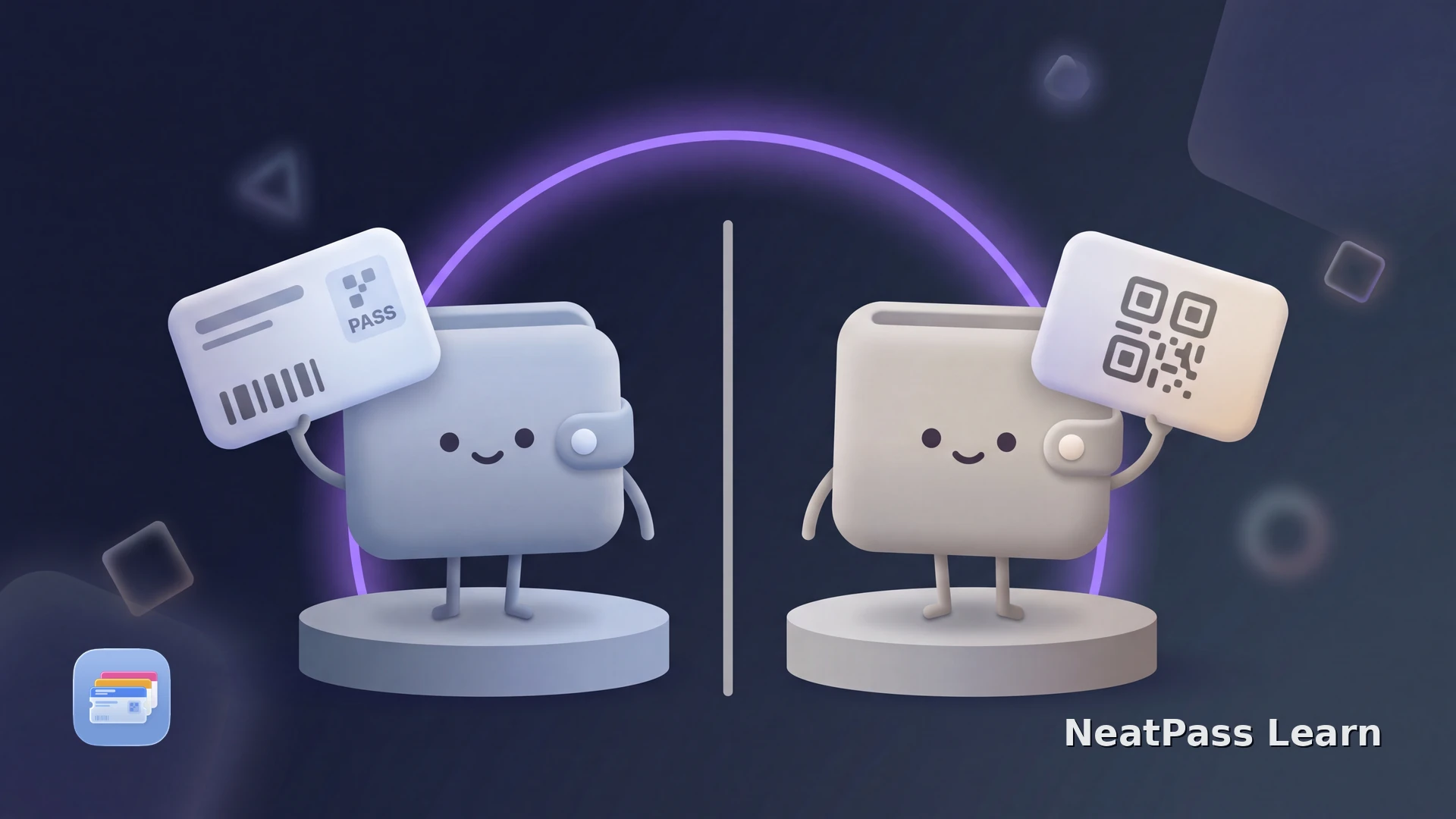 Two cute kawaii wallet characters with simple faces standing on balanced pedestals, each holding a different pass shape, a violet glow bridging both sides evenly