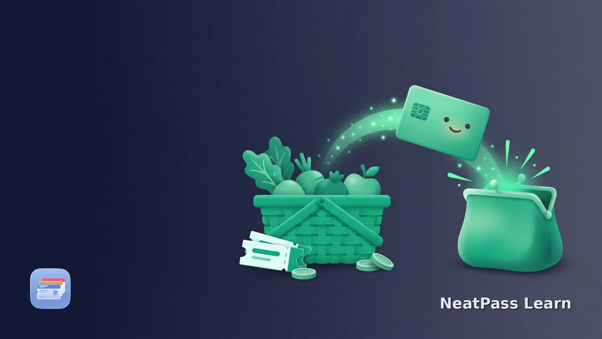 A smiling grocery rewards card hops from a produce basket into a generic wallet pouch