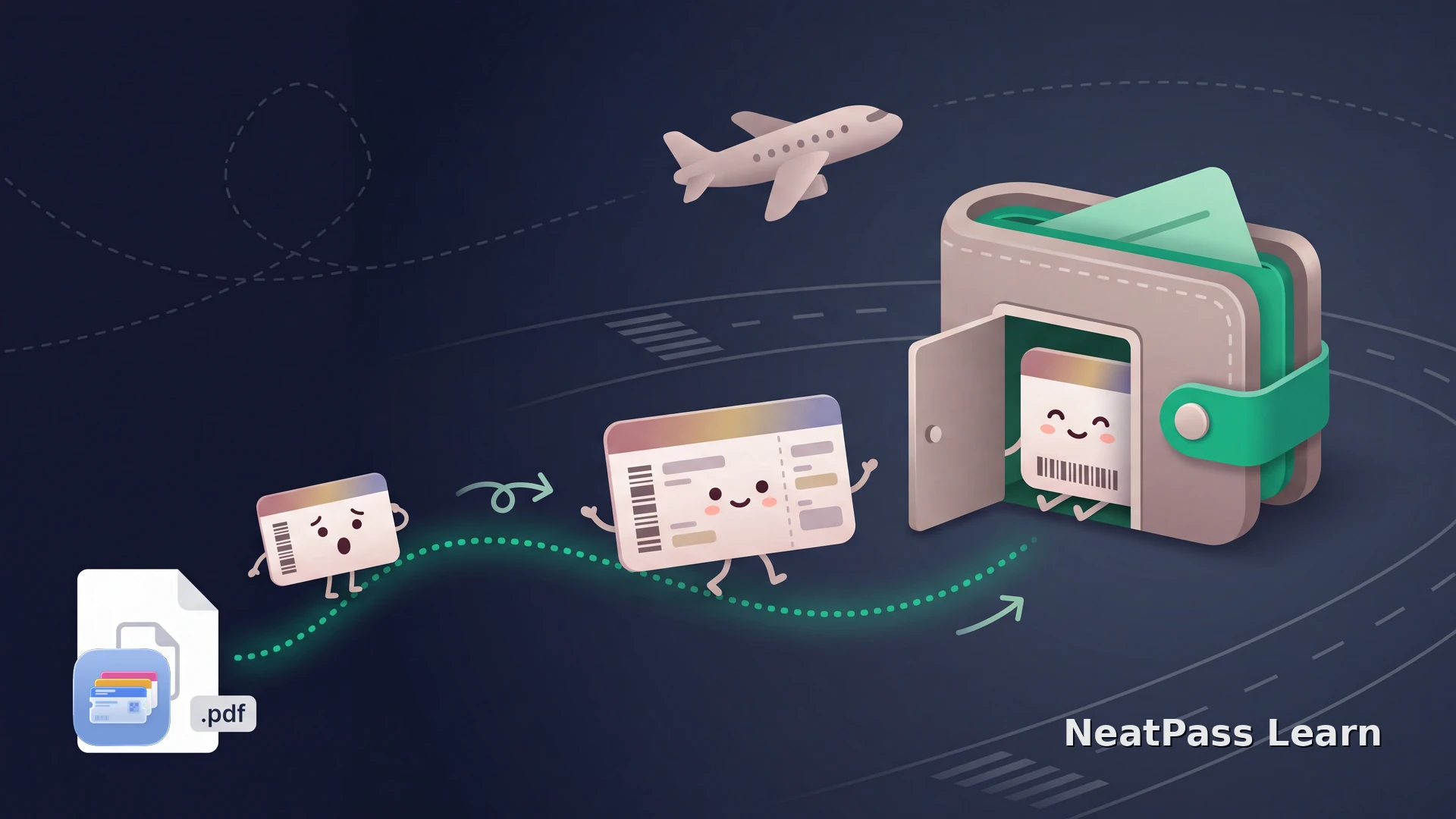 A friendly boarding pass with a happy face guided from a plain PDF into a glowing Apple Wallet house, with a soft plane and dotted flight path nearby