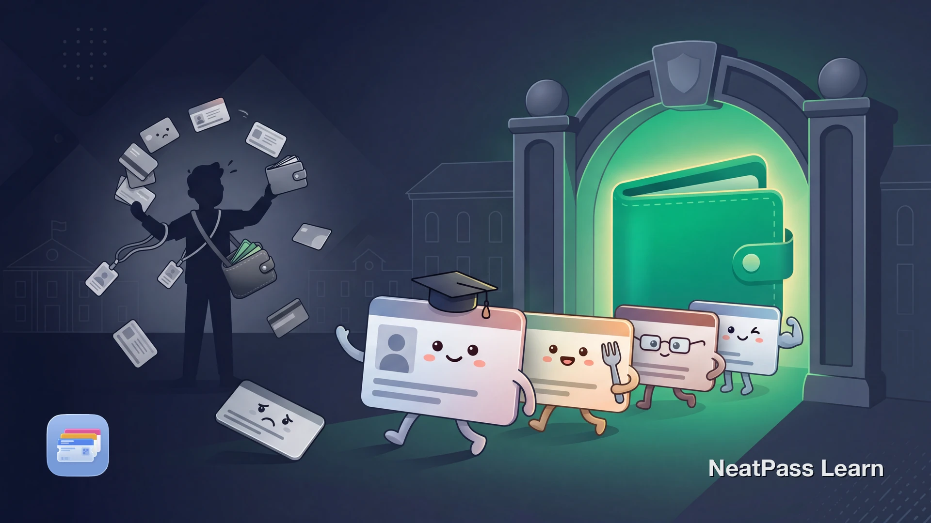 Cheerful campus cards with cute faces walking through a university archway into a welcoming Apple Wallet with emerald glow