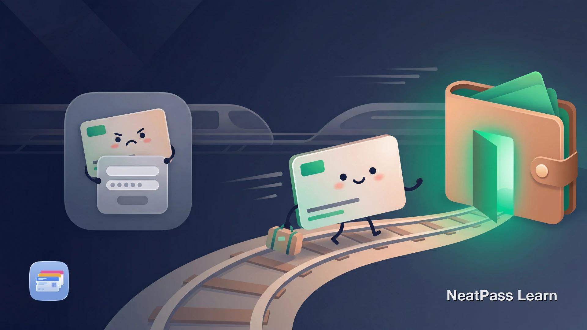 Stylized train discount card with cute face floating toward a welcoming wallet icon with emerald glow and railway elements in background