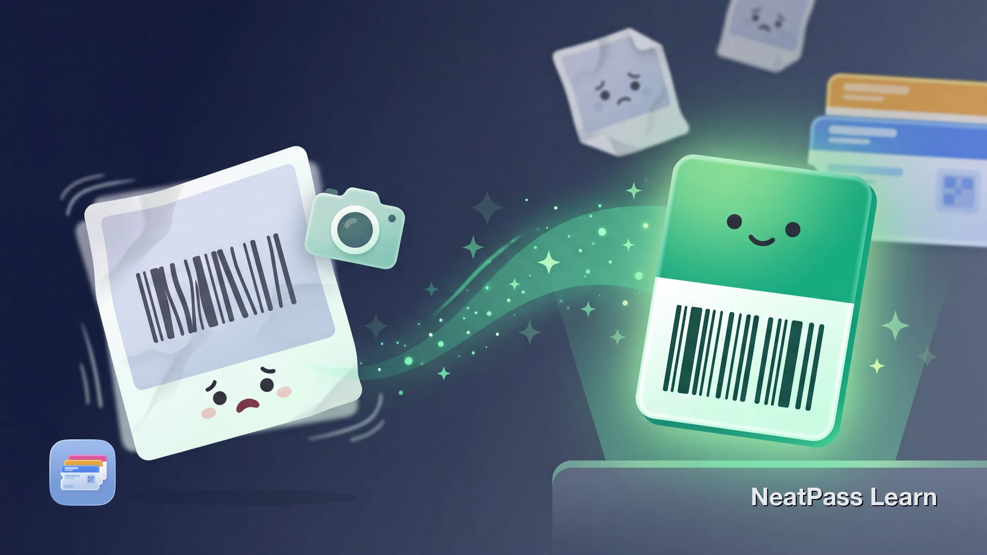 Camera photo of a barcode card being transformed into a clean Apple Wallet pass with improved scan readability