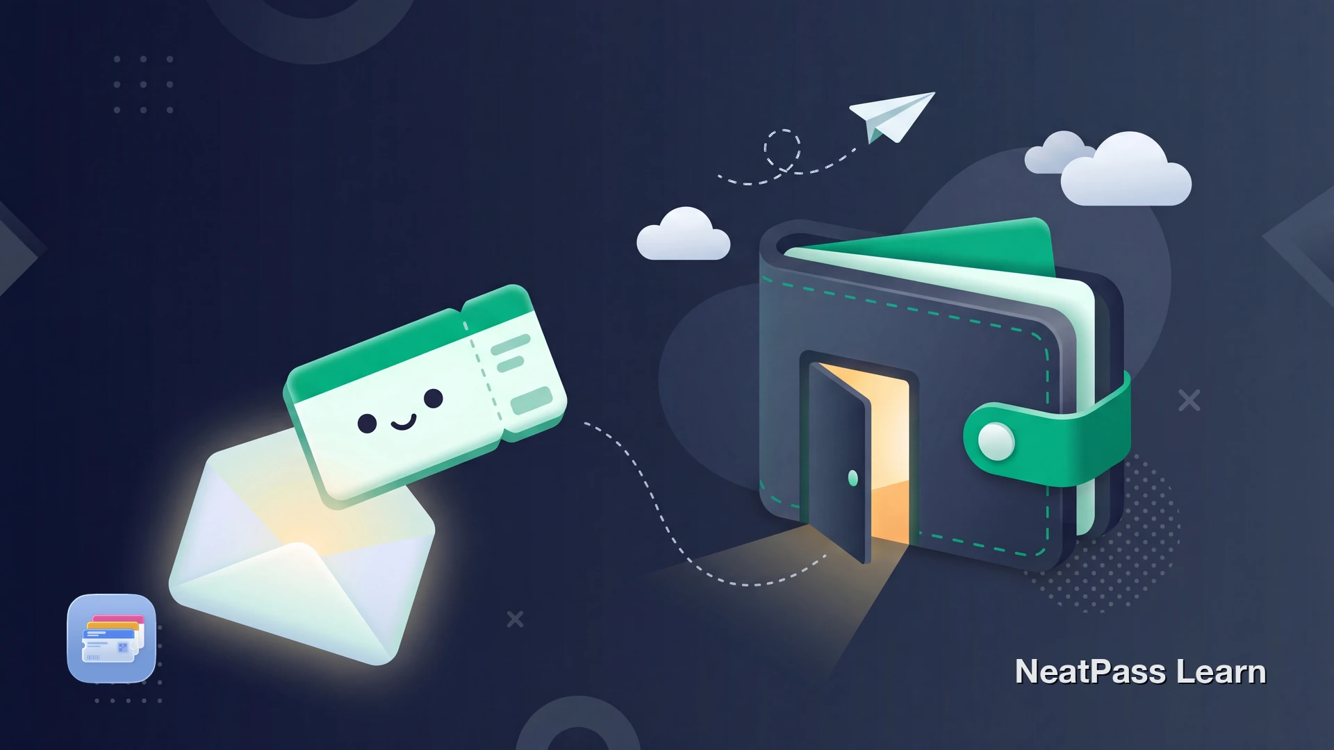 A friendly Batik Air boarding pass with a happy face floating from an envelope into a glowing Apple Wallet house, with a paper airplane and soft clouds nearby