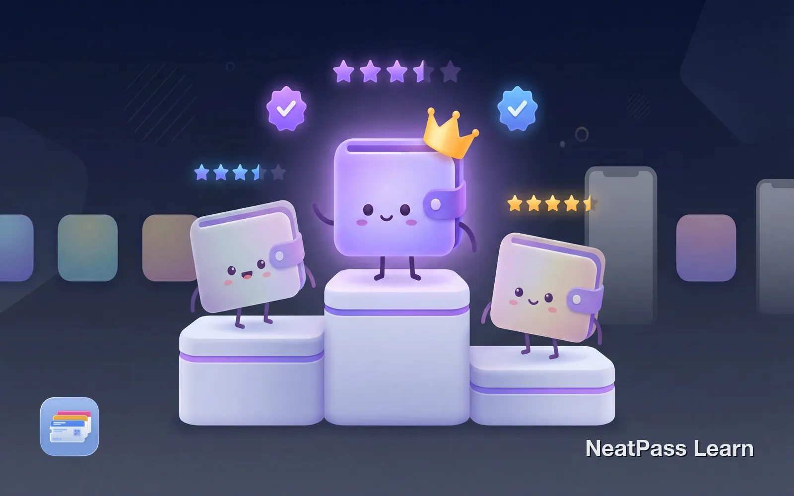 Multiple wallet app icons being compared with checkmarks and features highlighted