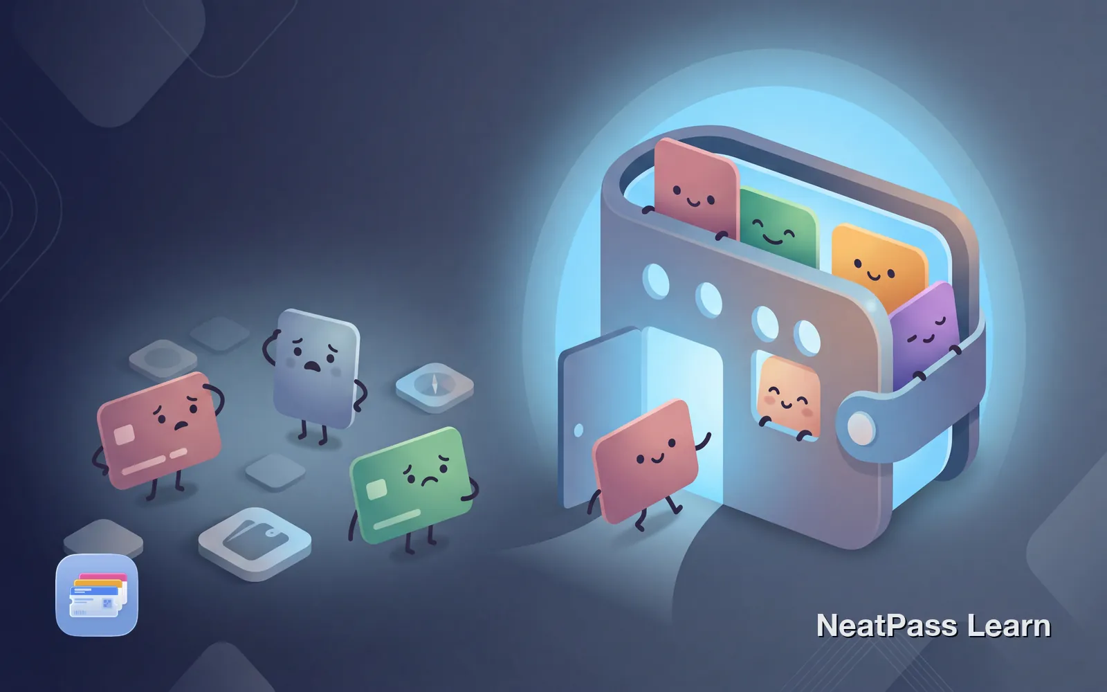 Friendly loyalty cards happily settling into a cozy Apple Wallet house while other cards wander between scattered apps