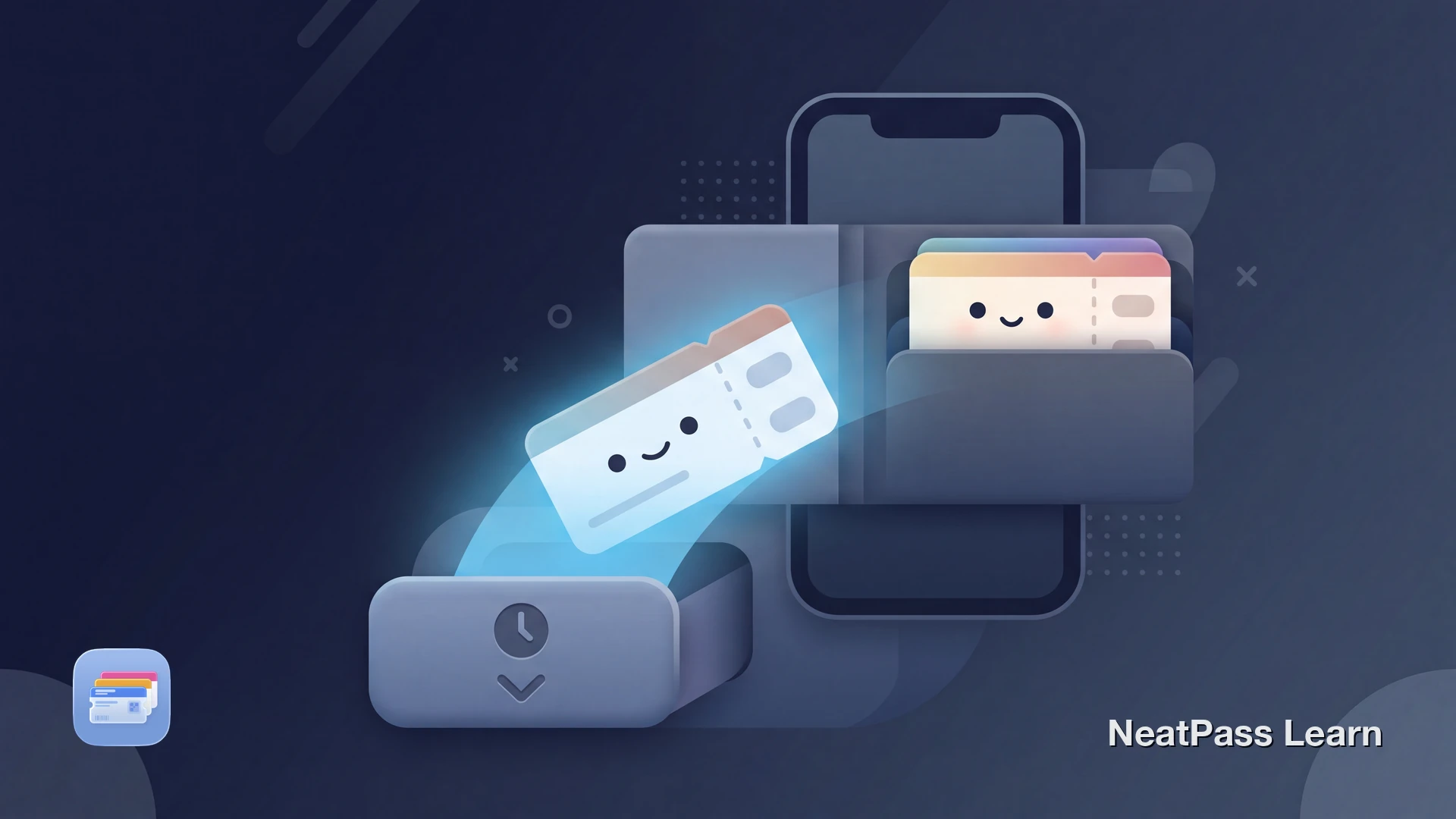Kawaii boarding-pass card with dot eyes and a small smile gently drifting from a wallet stack down into a cozy lower archive drawer with a soft sky-blue glow, showing it is safe and recoverable, not lost