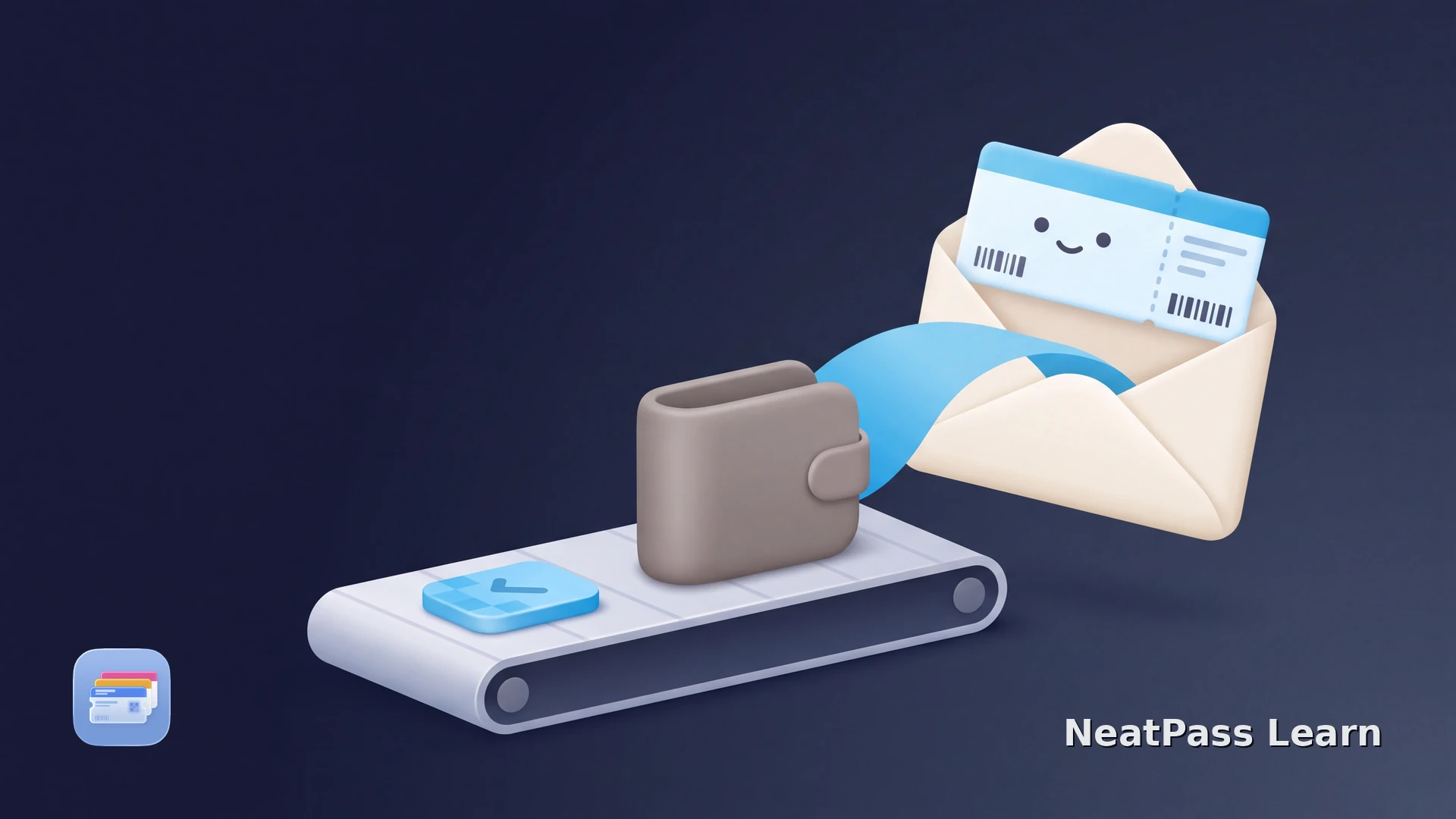 A missing boarding pass emerges from an airline envelope and reaches a waiting wallet pouch