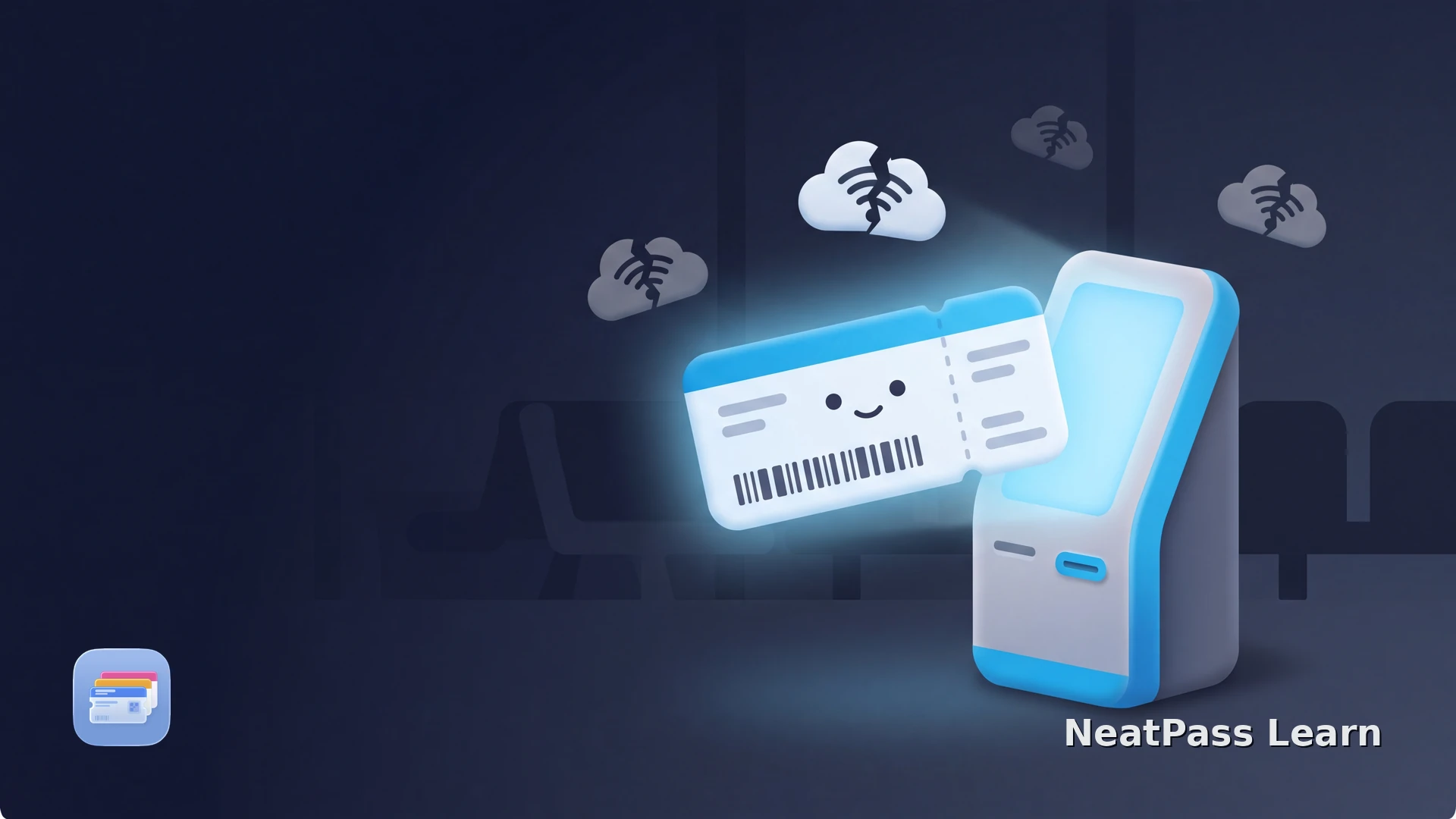 A glowing boarding pass scans successfully in a dark airport despite a broken wireless signal
