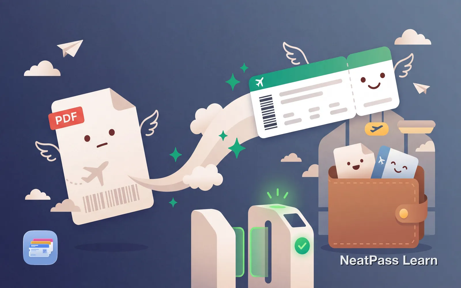 A PDF boarding pass transforming into a glowing Apple Wallet pass with airplane wings