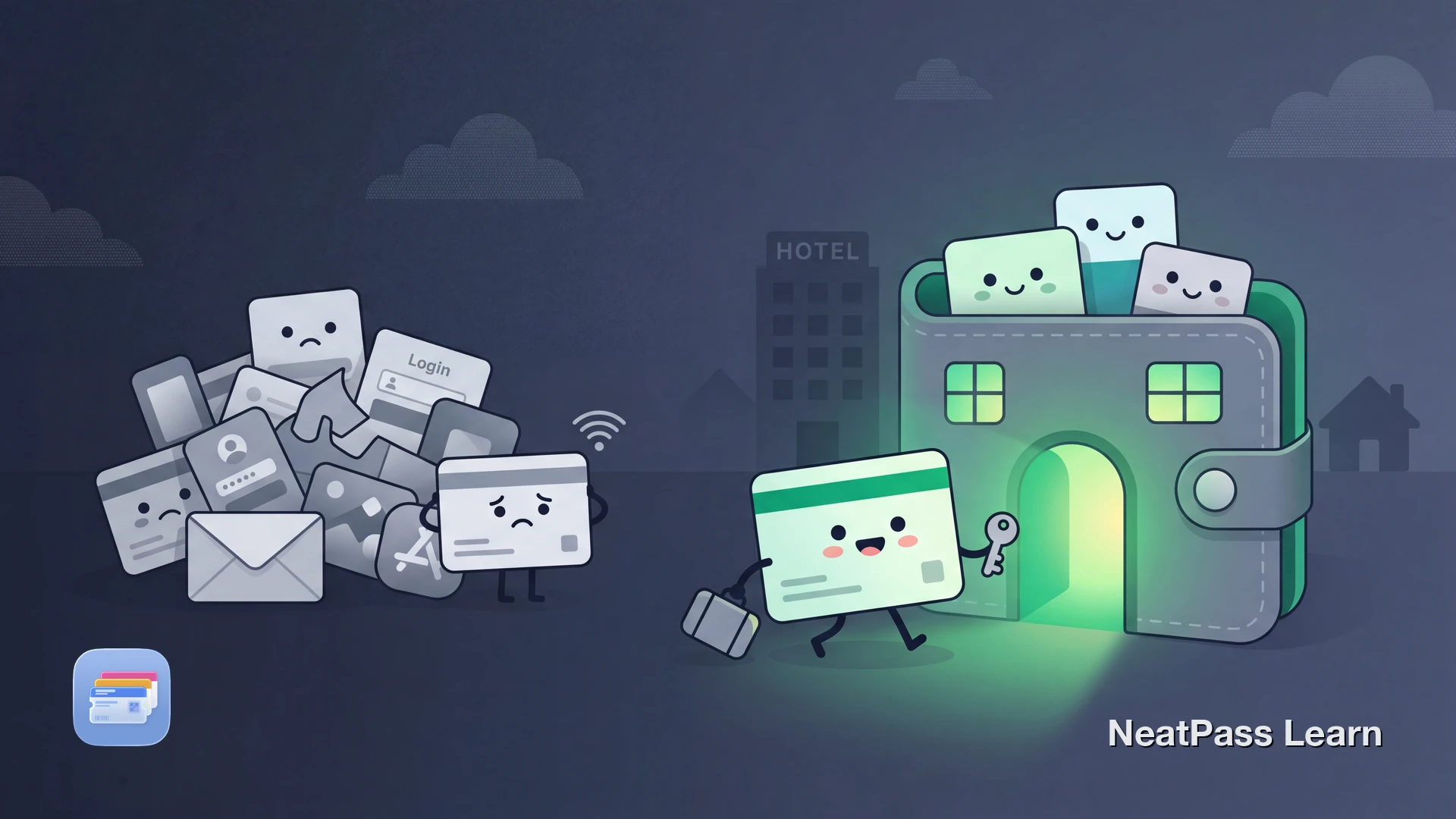 Friendly booking confirmation card with a suitcase and house icon finding a cozy home inside a stylized wallet, emerald glow