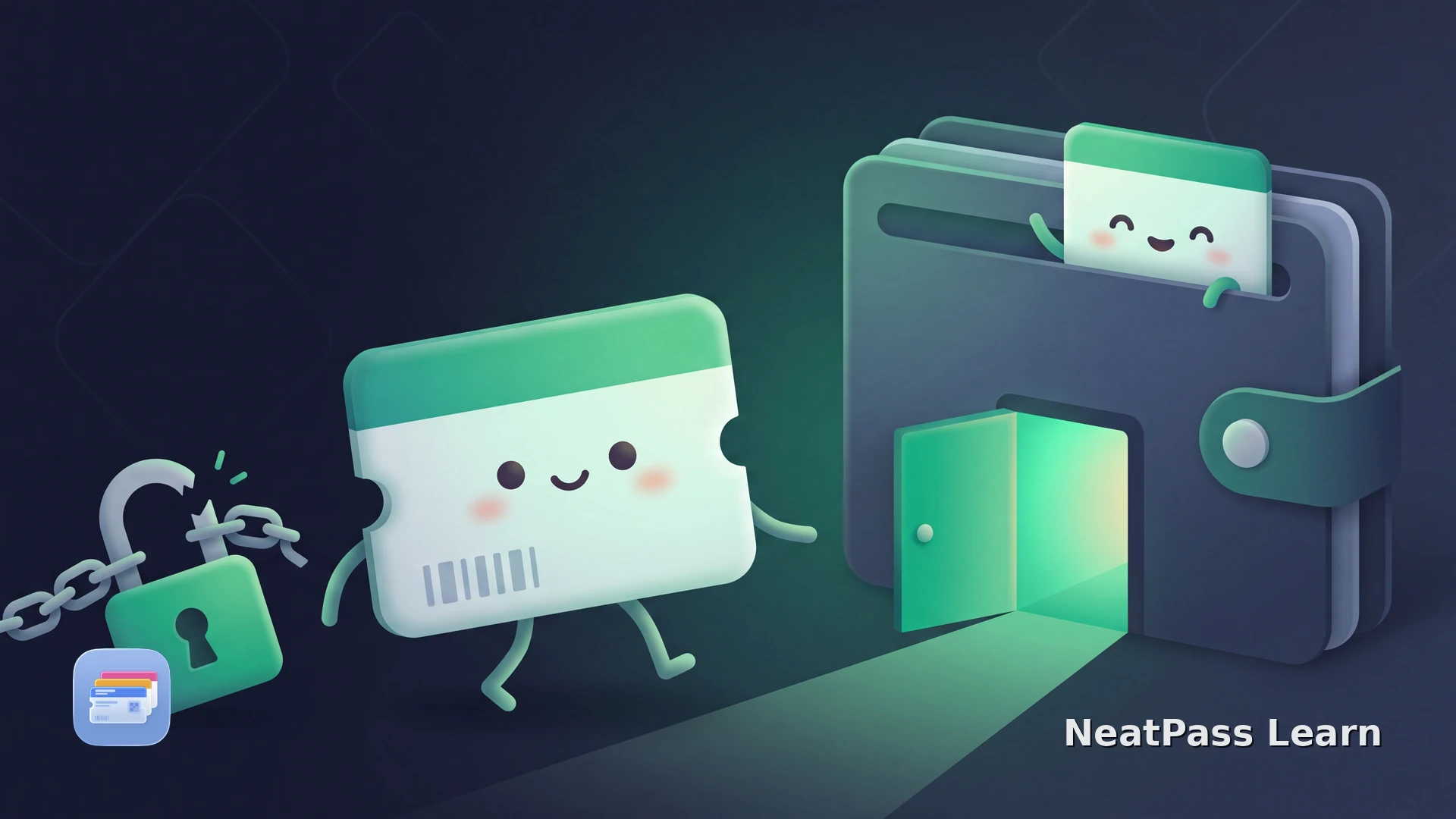 A friendly loyalty card with a small barcode face stepping free of a locked account chain and settling into a welcoming Apple Wallet home with an emerald glow