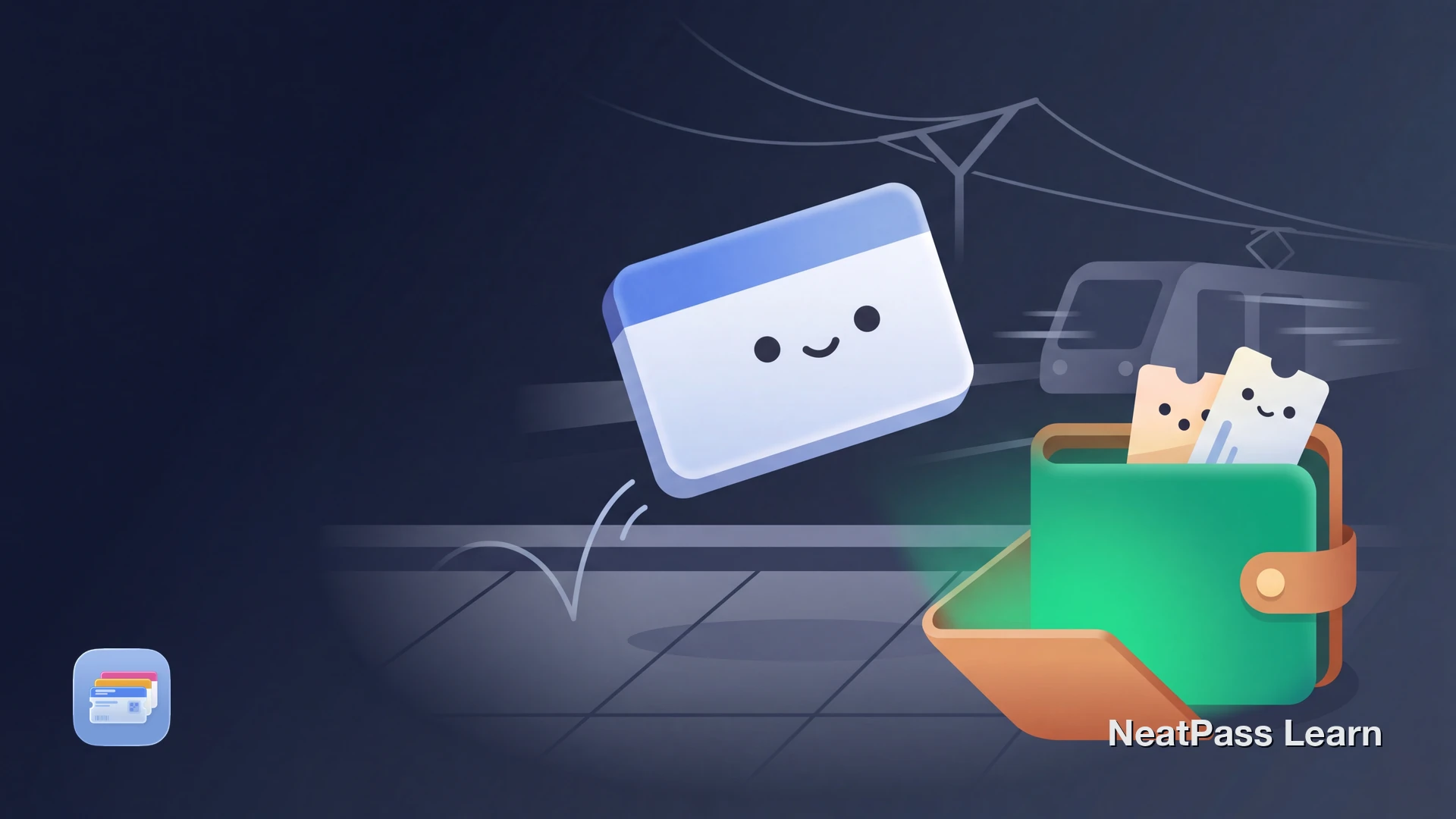 Stylized Berlin transit ticket with a cute face hopping from a U-Bahn platform into a welcoming wallet with emerald glow and tram wires overhead