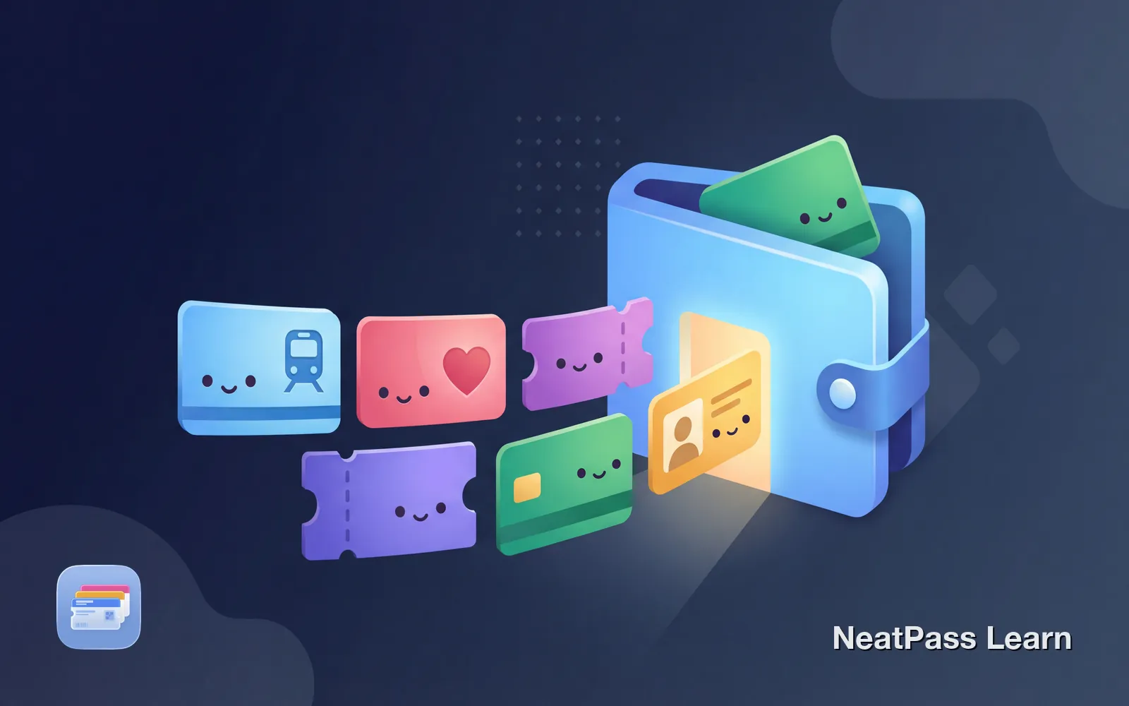 Colorful array of different card types floating toward an open Apple Wallet, including transit, loyalty, ticket, key, and ID cards with friendly faces