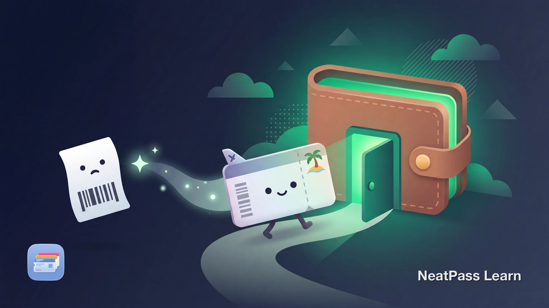 A friendly boarding pass character with a small airplane tail and a tiny palm-island motif walking happily into an Apple Wallet home, lit by a soft emerald glow